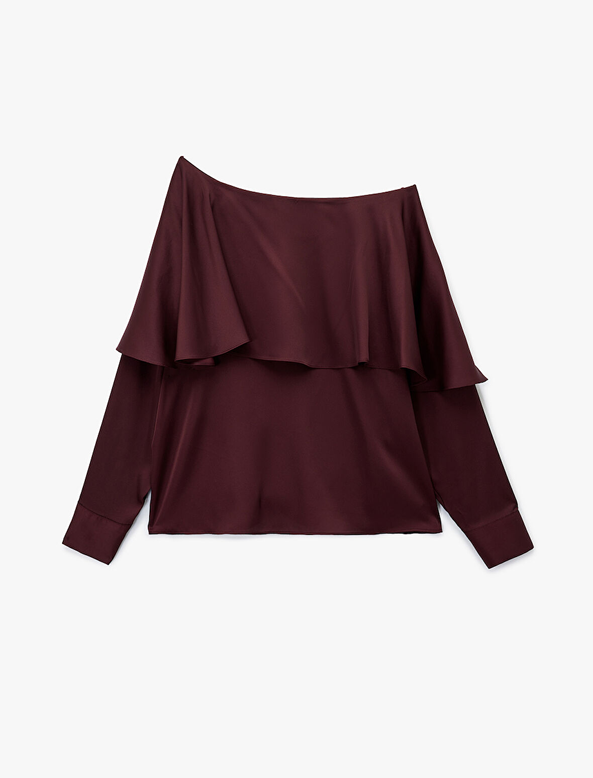 Uzun Kollu Kayık Yaka Asimetrik Kesim Saten Bluz