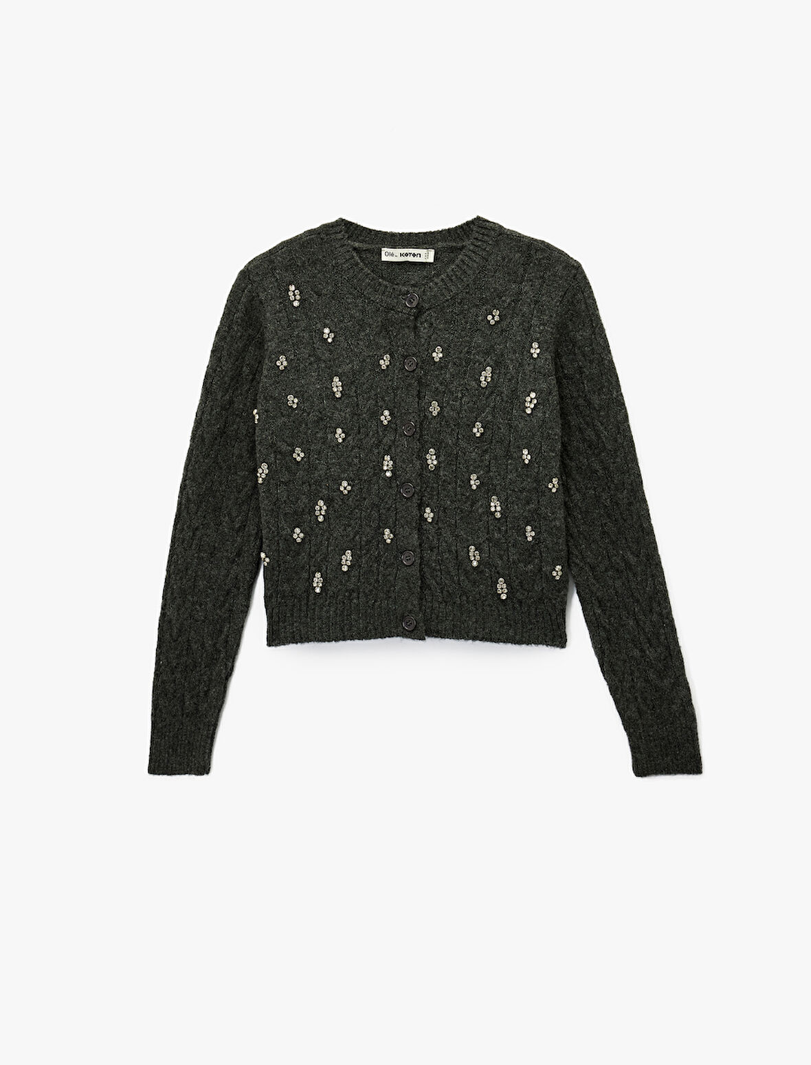 Saç Örgü Dokulu Taş Detaylı Düğmeli V Yaka Triko Hırka