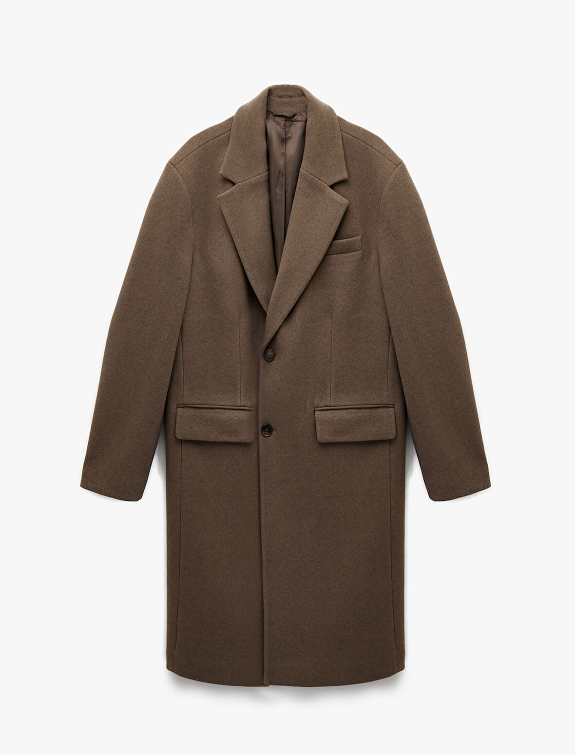 Regular Fit Cepli Mono Yaka Düğmeli Uzun Kaşe Kaban