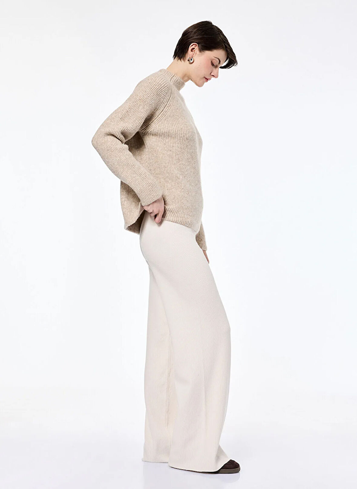 Koton Normal Bel Straight Ekru Kadın Pantolon 6WAK40014HT