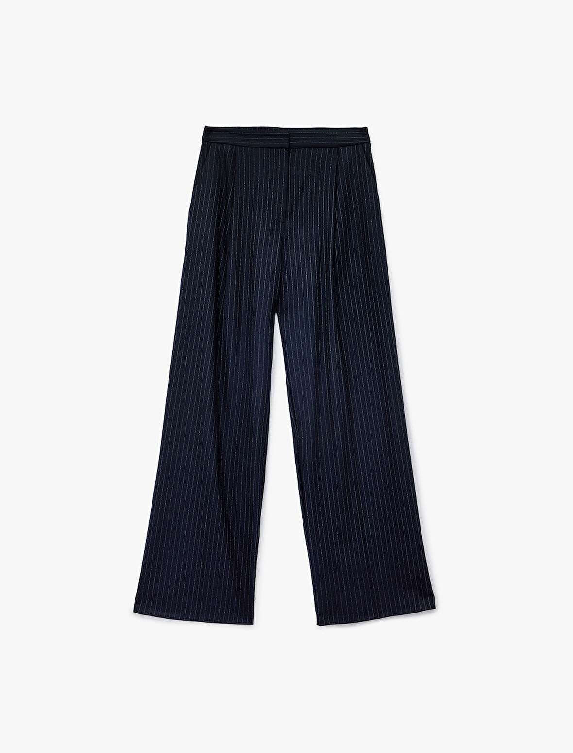 Koton X Melis Ağazat - Cepli Pile Detaylı Çizgili Düz Bol Paça Kumaş Pantolon