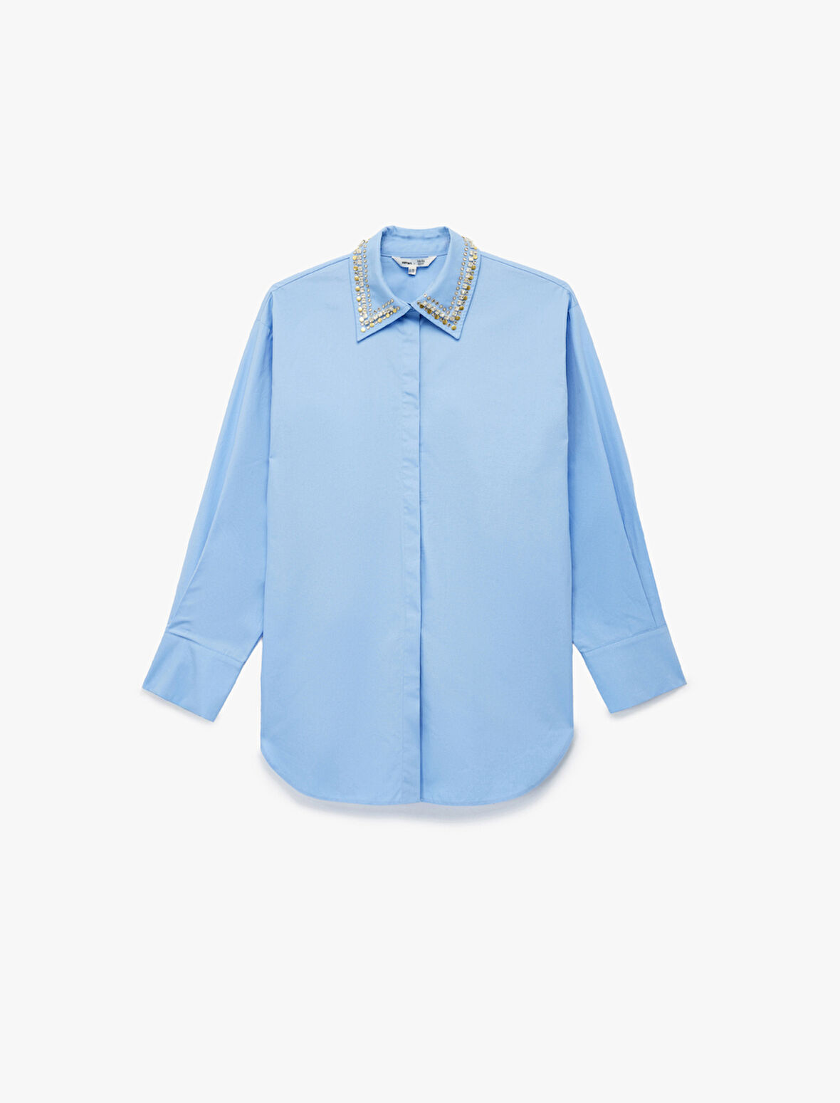 Koton X Melis Ağazat - Uzun Kollu Yakası Taş Detaylı Oversize Poplin Gömlek