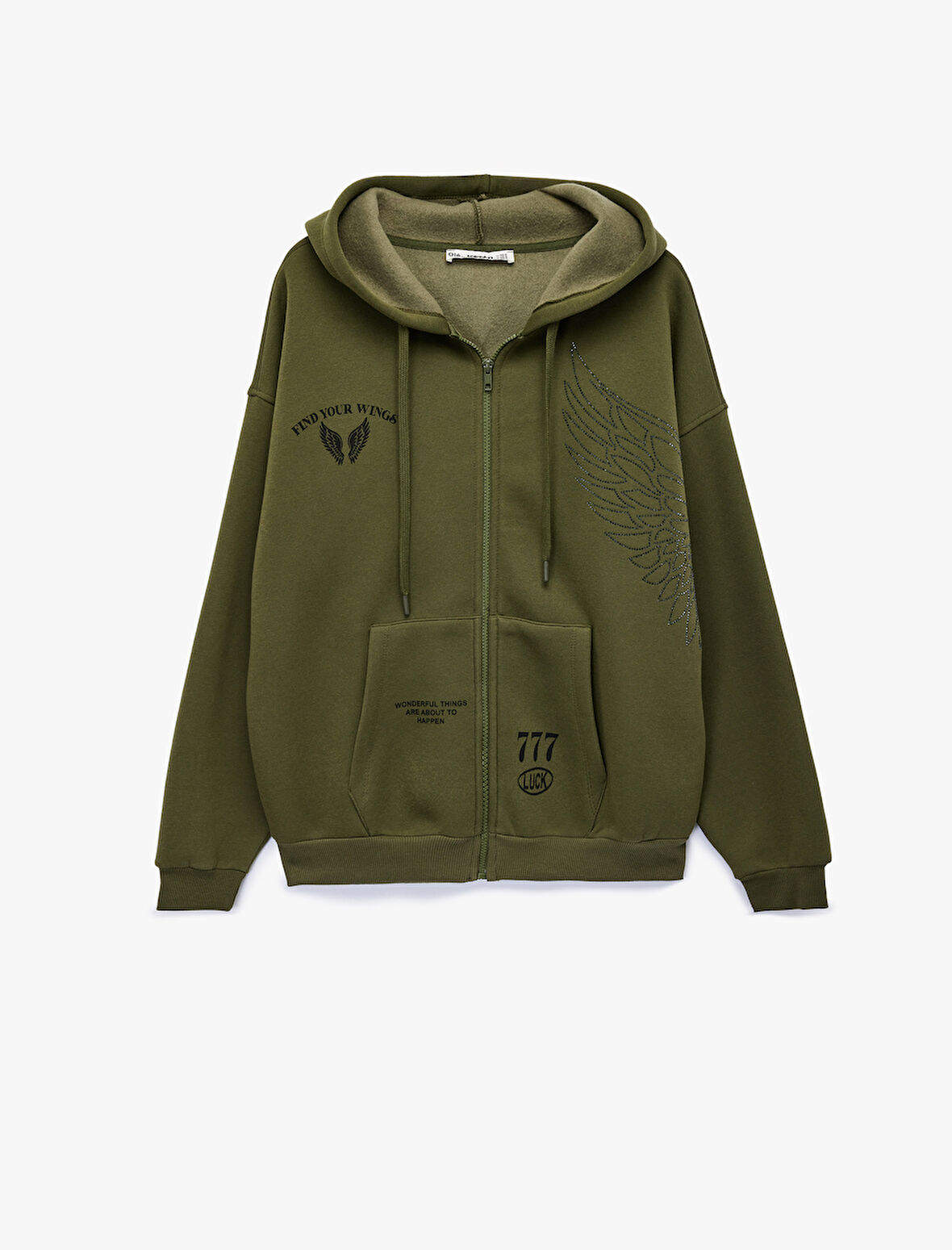 Taş Detaylı Kapüşonlu Arkası Baskılı Kanguru Cepli Oversize Fermuarlı Sweatshirt