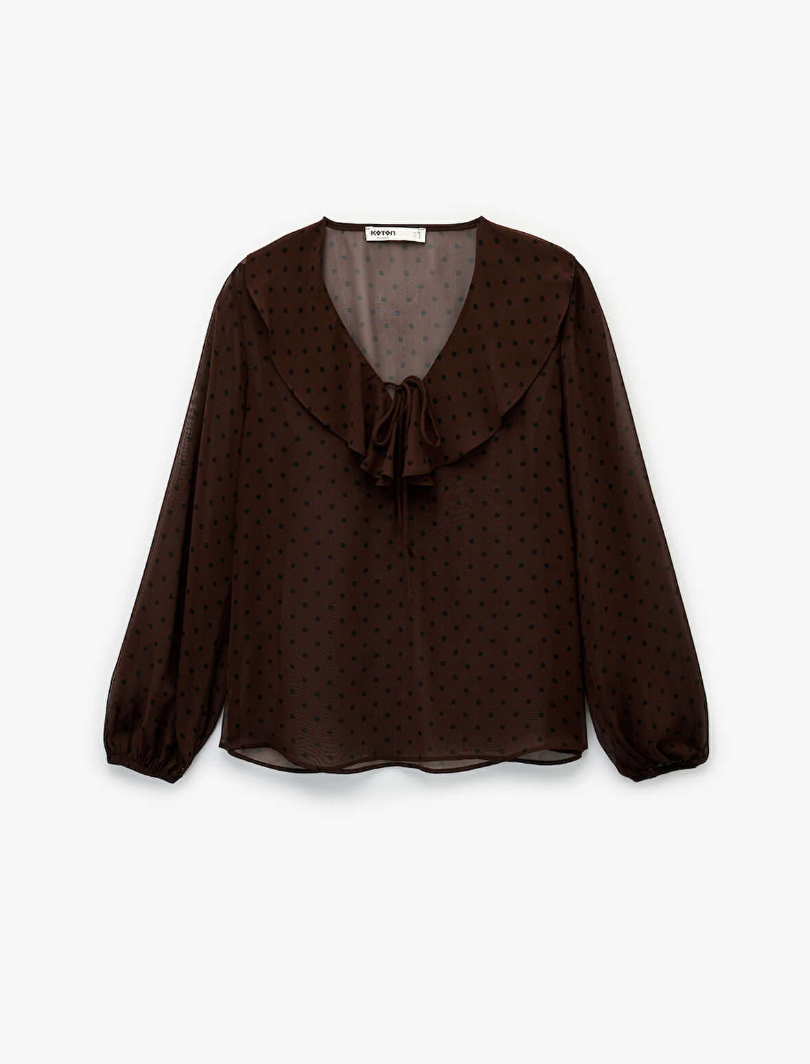 Uzun Kollu Fırfırlı Yaka Volanlı Puantiyeli Bluz