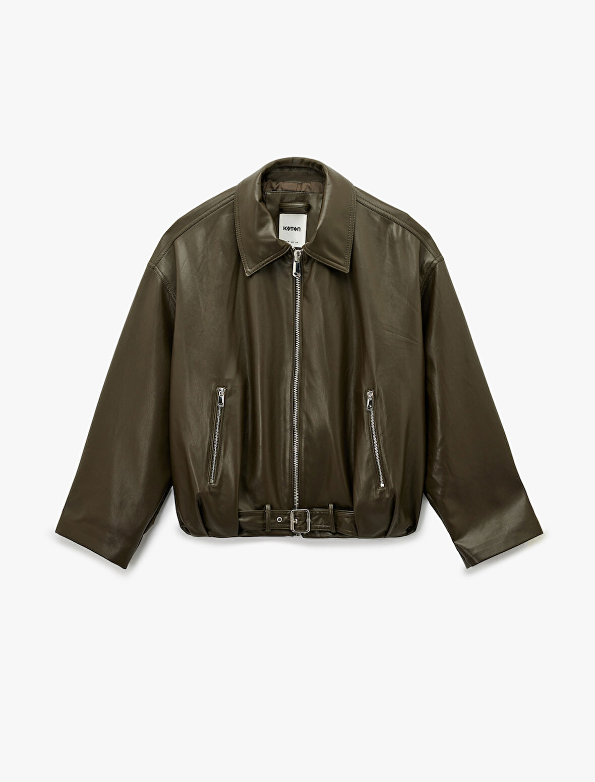 Cepli Fermuarlı Uzun Kollu Oversize Suni Deri Ceket