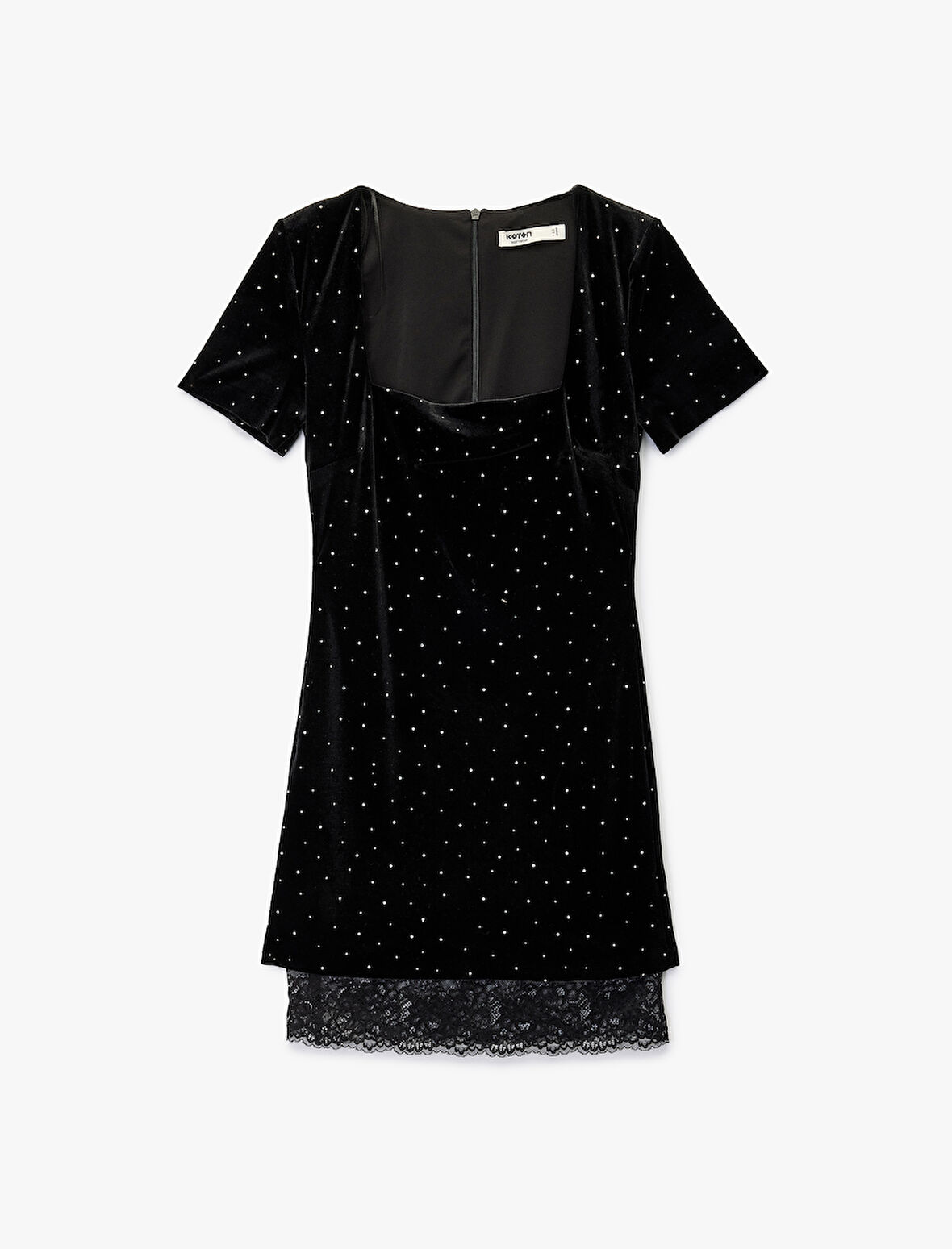 Dantel Detaylı Kare Yaka Kısa Kollu Vatkalı Mini Taşlı Abiye Elbise