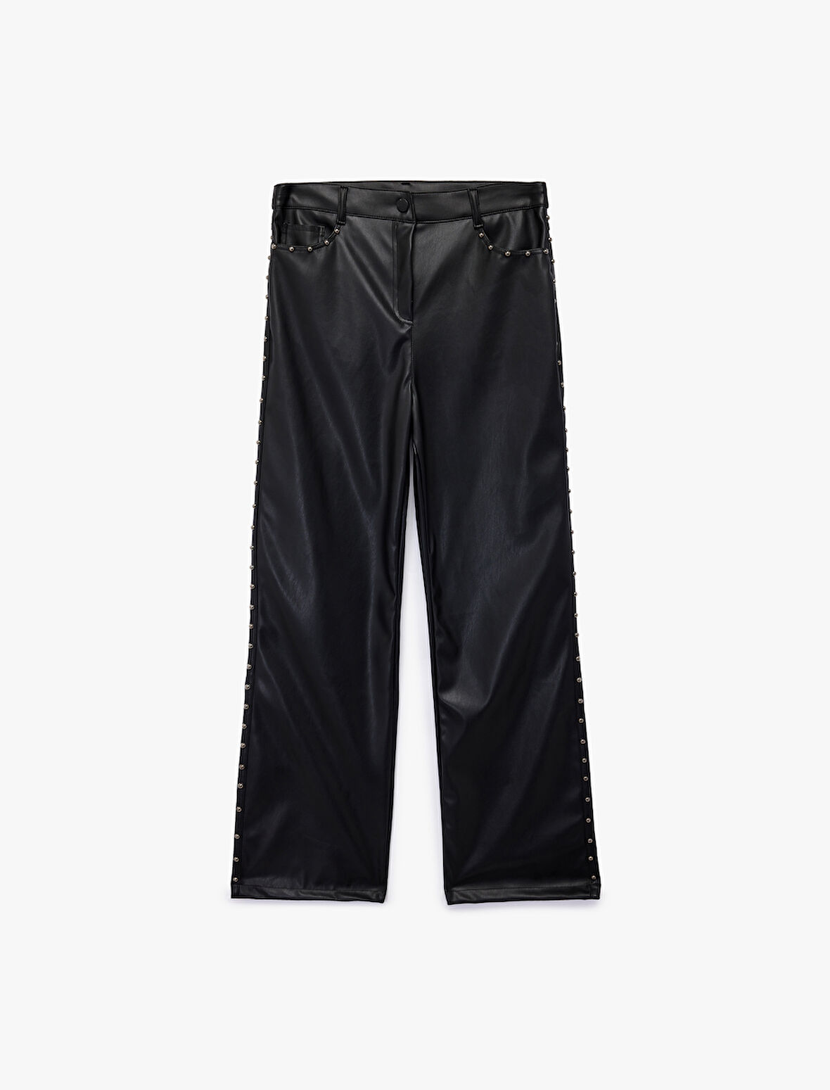 Normal Bel Düğmeli Cepli Metal Aksesuarlı Düz Paça Suni Deri Pantolon