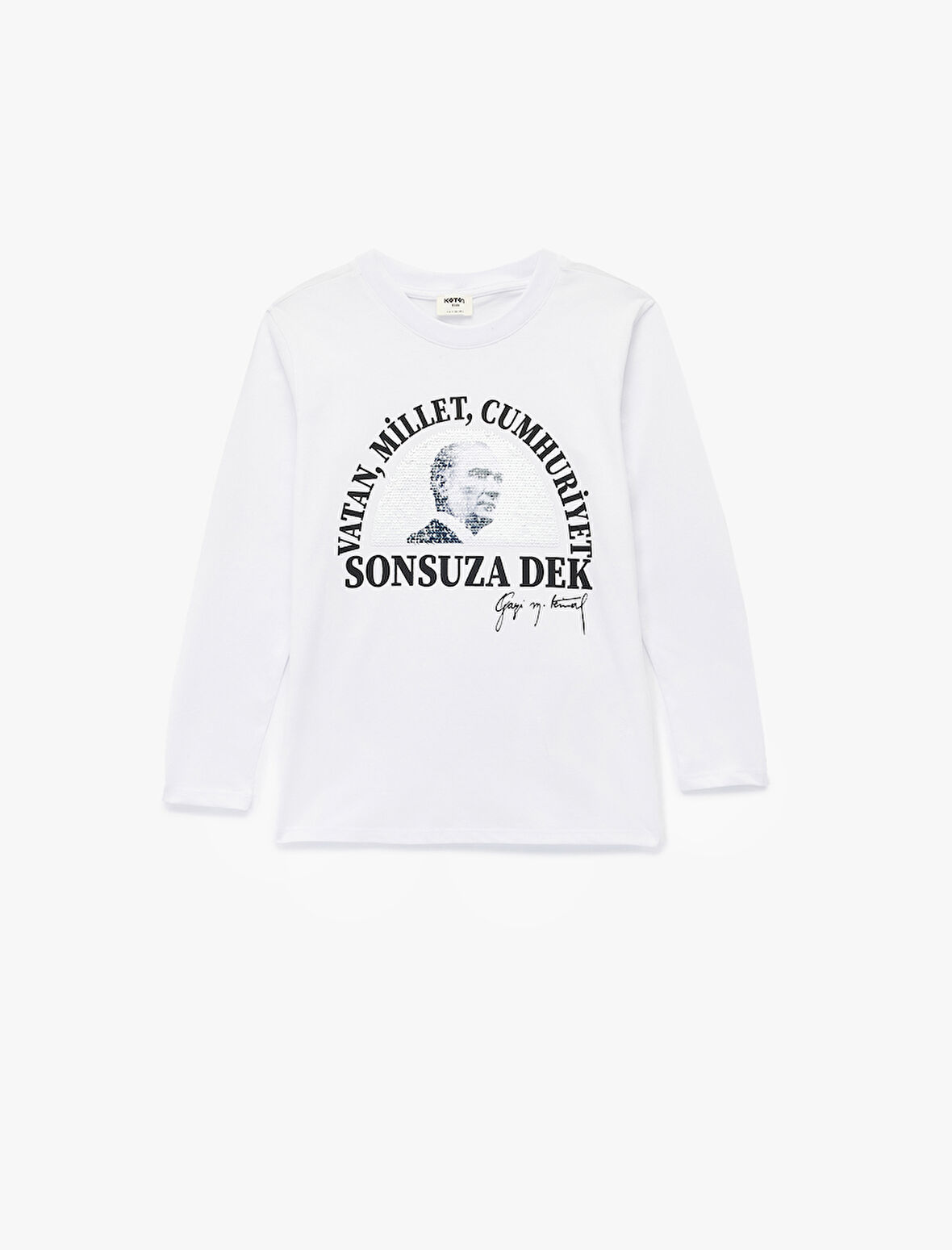 Pullu Payetli Uzun Kollu Bisiklet Yaka Atatürk Baskılı Pamuklu Tişört