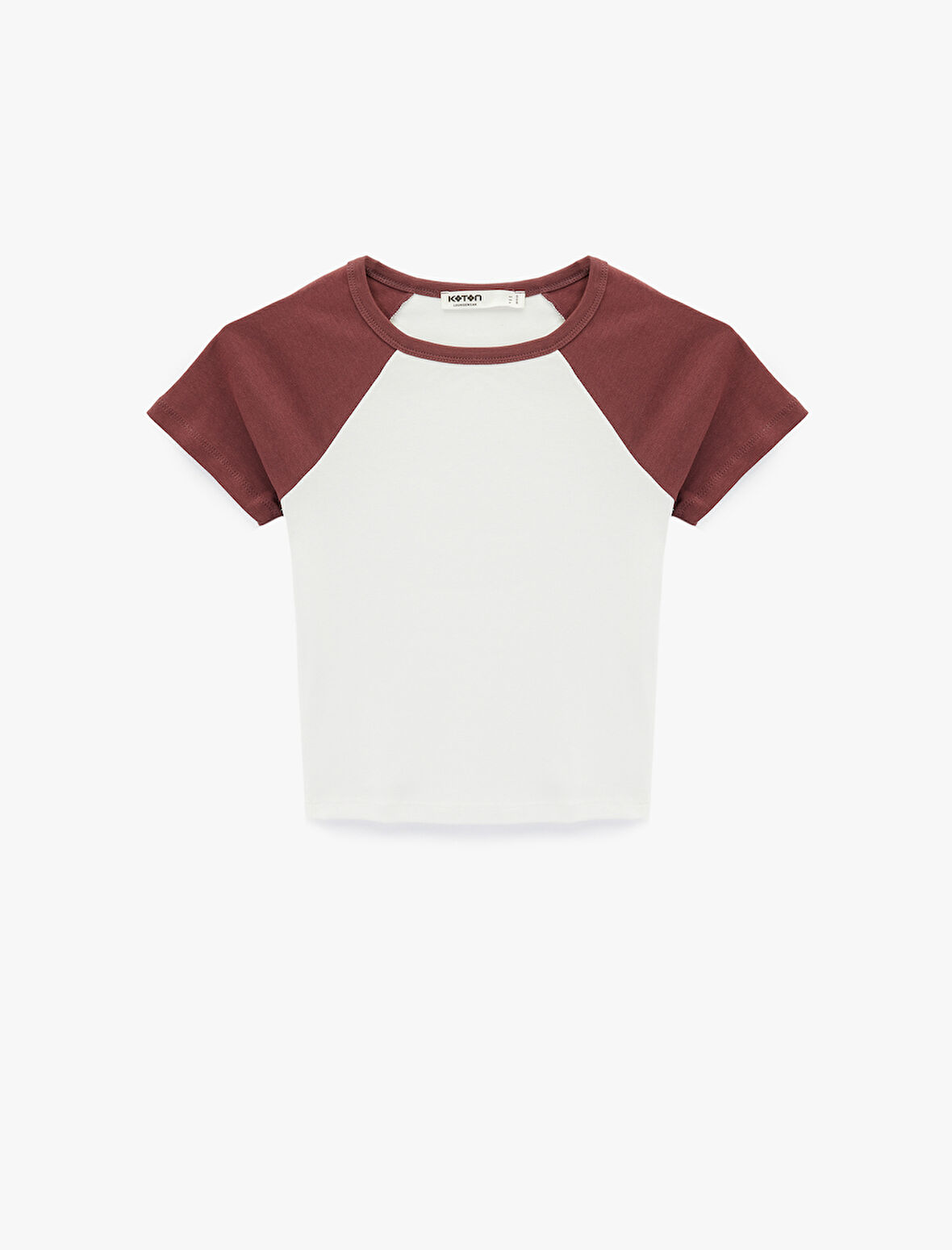 Slim Fit Pamuklu Renk Bloklu Kısa Kollu Bisiklet Yaka Crop Tişört Pijama Üstü