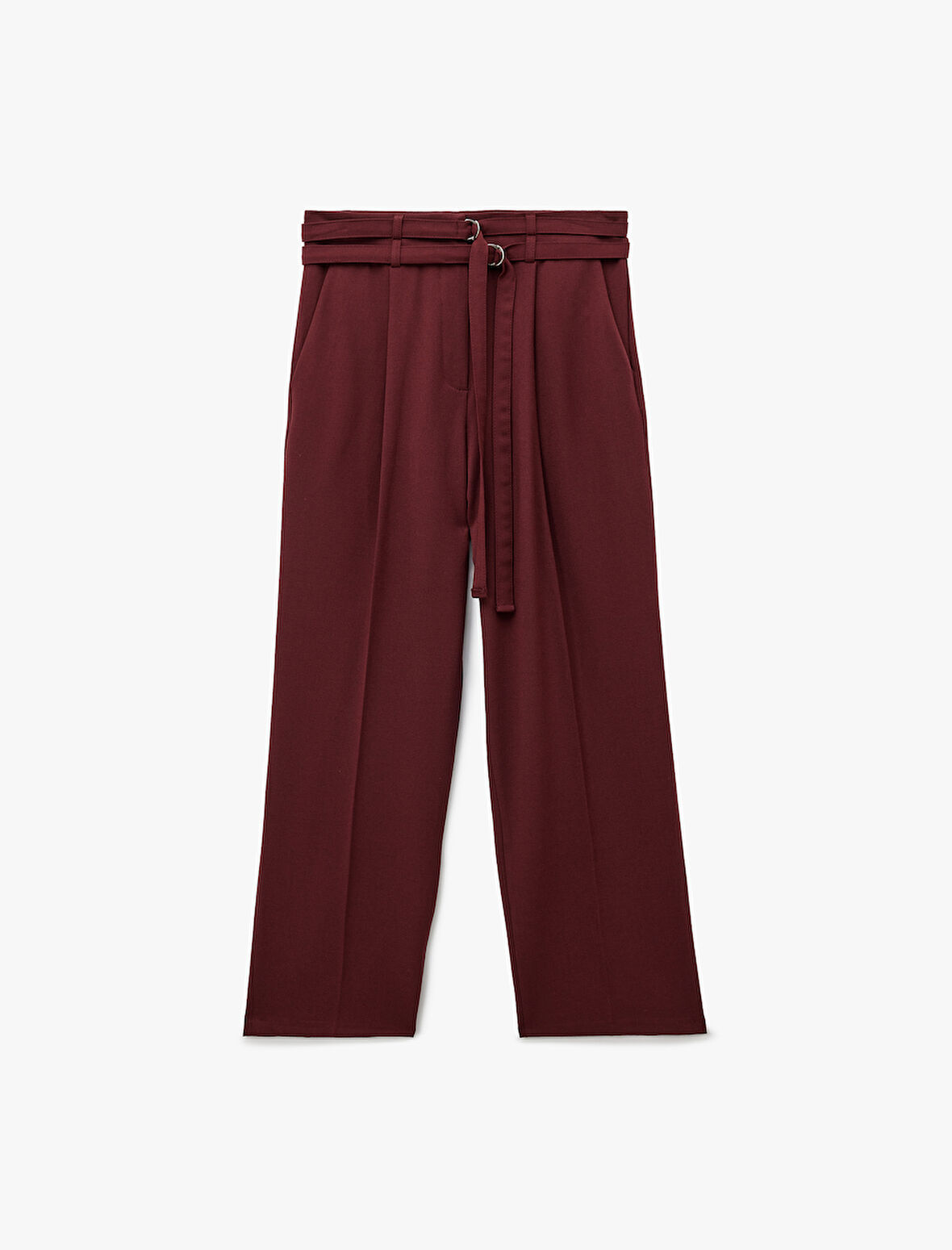 Cepli Çift Kemer Detaylı Düz Bol Paça Kumaş Pantolon