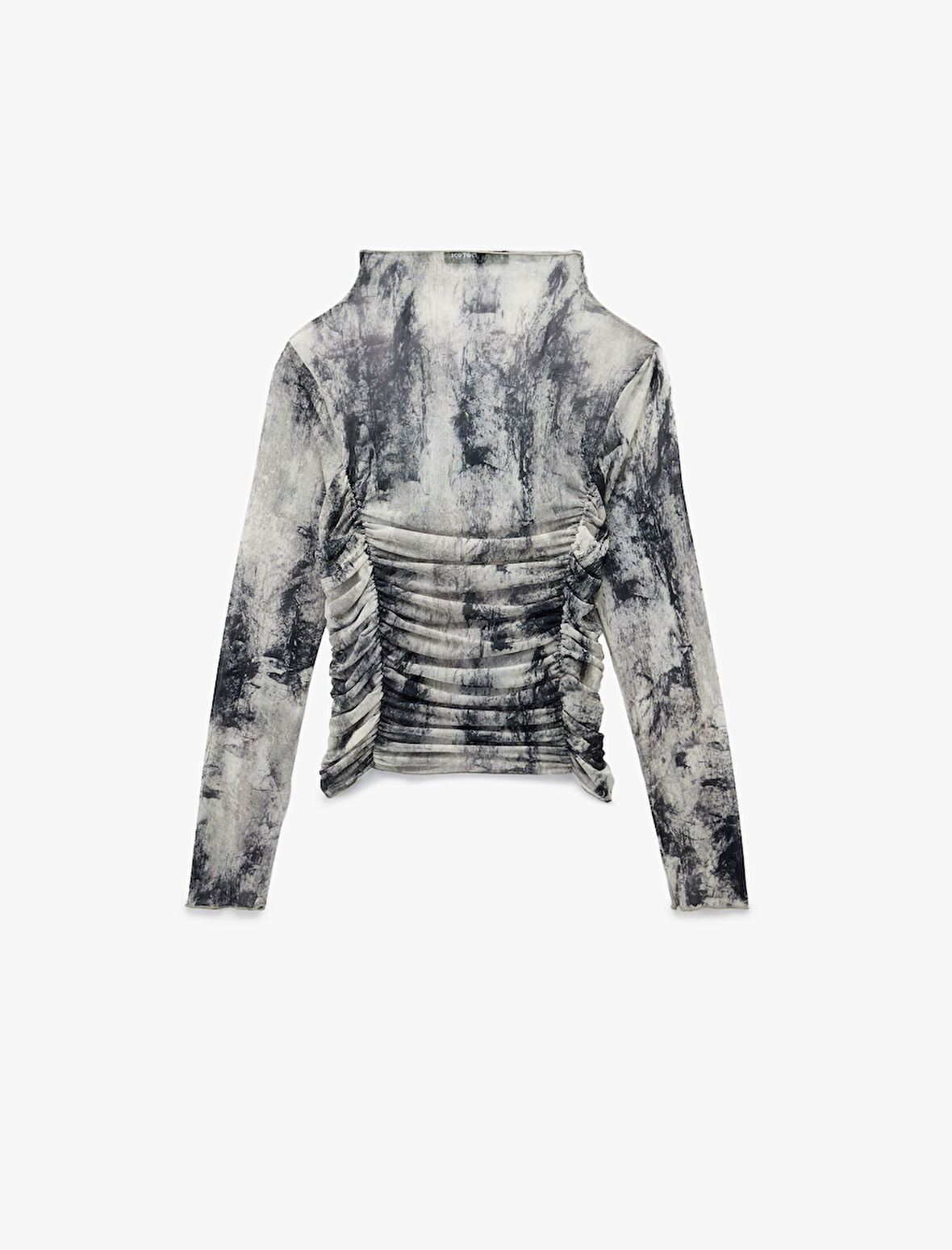 Slim Fit Uzun Kollu Geniş Dik Yaka Drape Detaylı Desenli Tişört