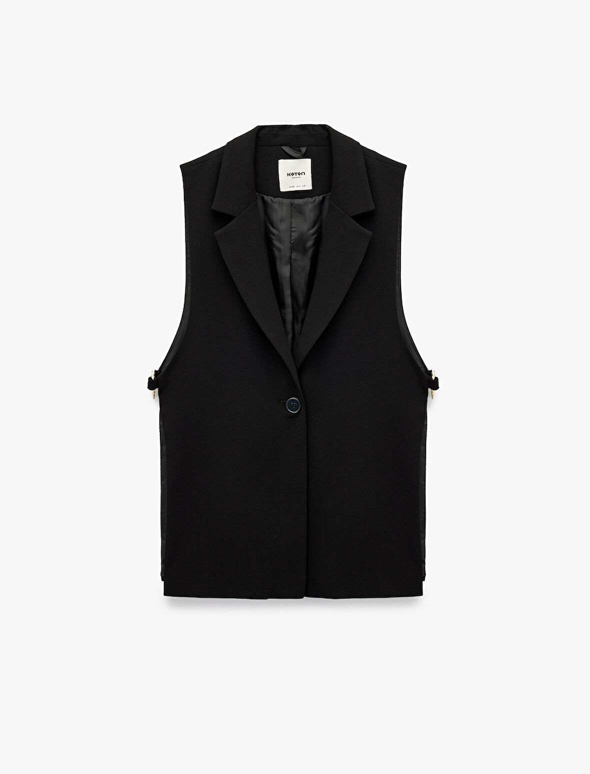 Geniş Yaka Metal Aksesuar Detaylı Düğmeli Kolsuz Yelek