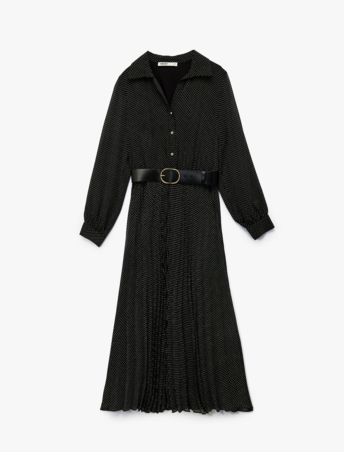 Düğmeli Kemer Detaylı Uzun Kollu Midi Pileli Puantiyeli Gömlek Elbise