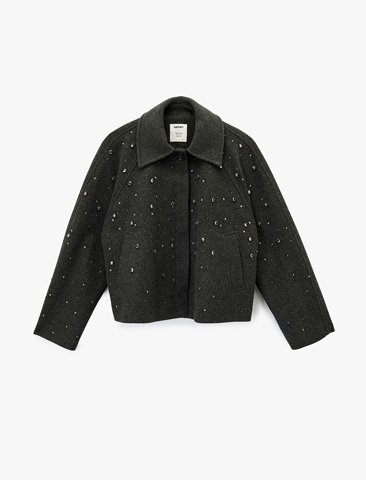 Koton X Melis Ağazat - Uzun Kollu Cepli Düğmeli Taşlı Kaşe Ceket