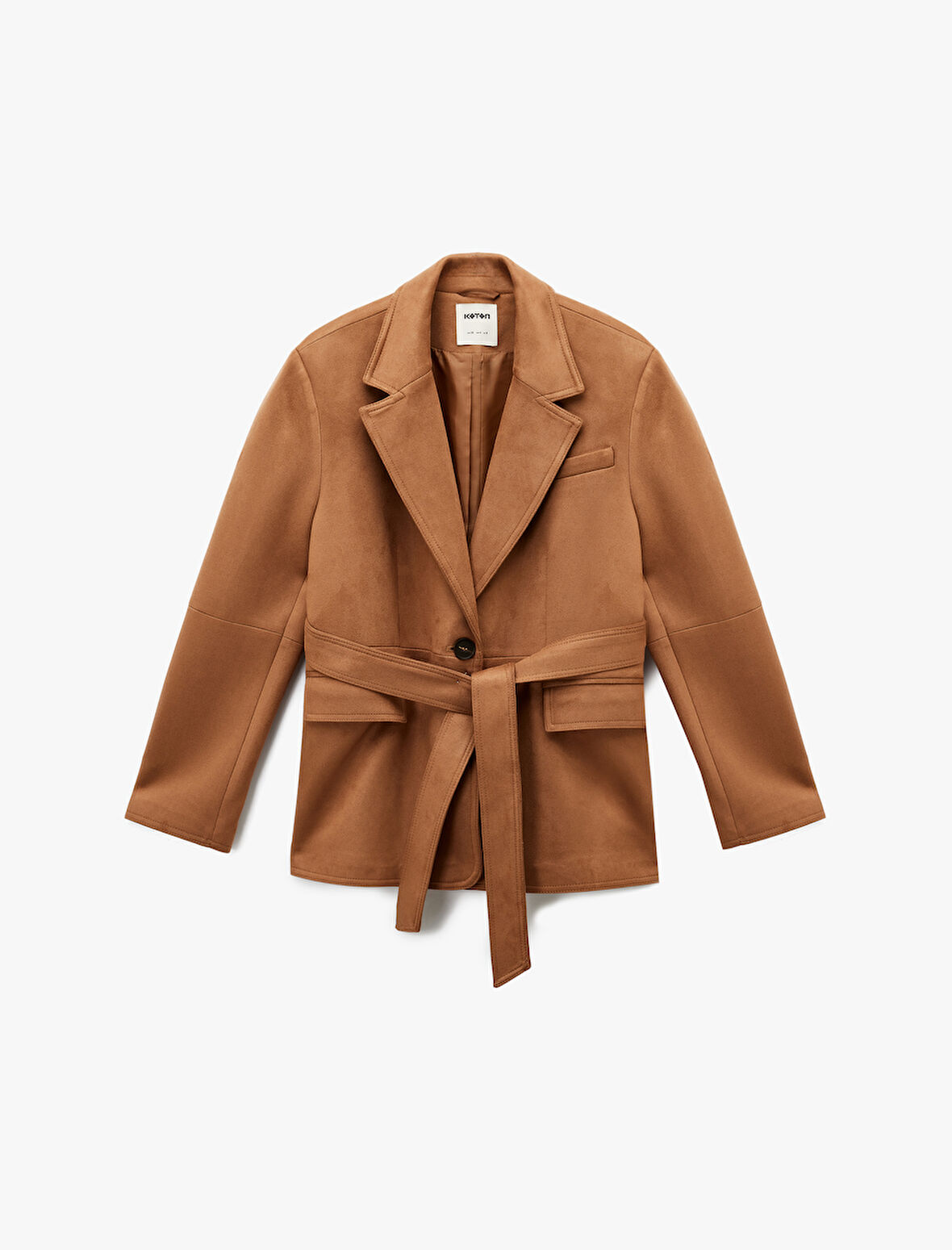 Uzun Kollu Düğmeli Cepli Kemerli Süet Görünümlü Ceket