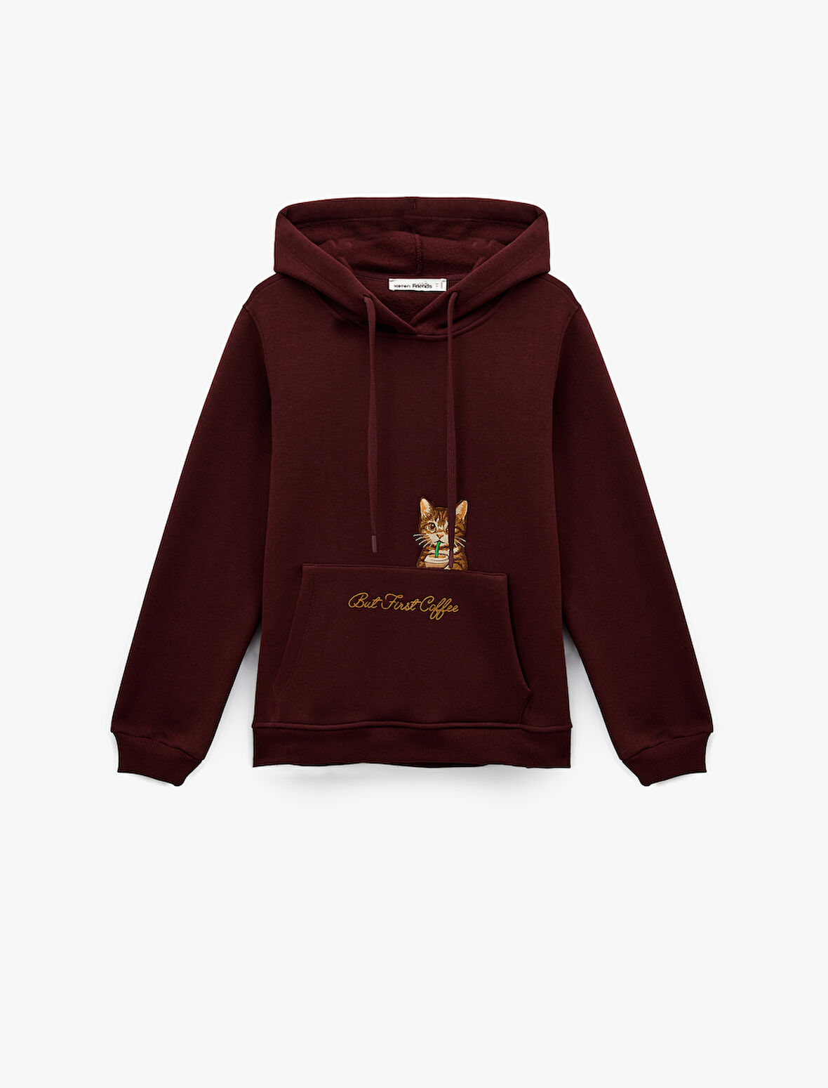 Şardonlu Kanguru Cepli Kapüşonlu Kedi İşlemeli Sweatshirt