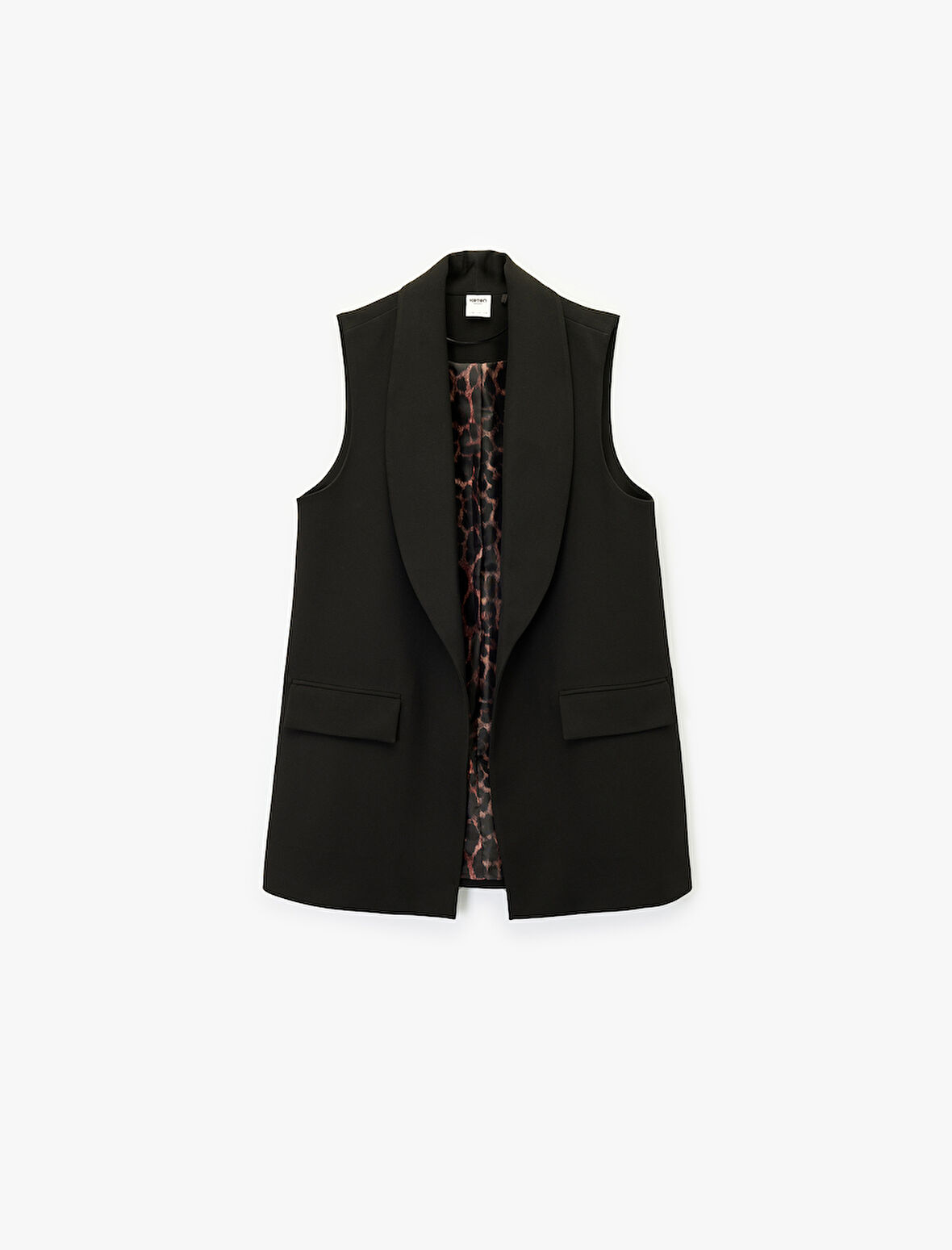 Geniş Yaka Cepli Leopar Detaylı Kolsuz Yelek