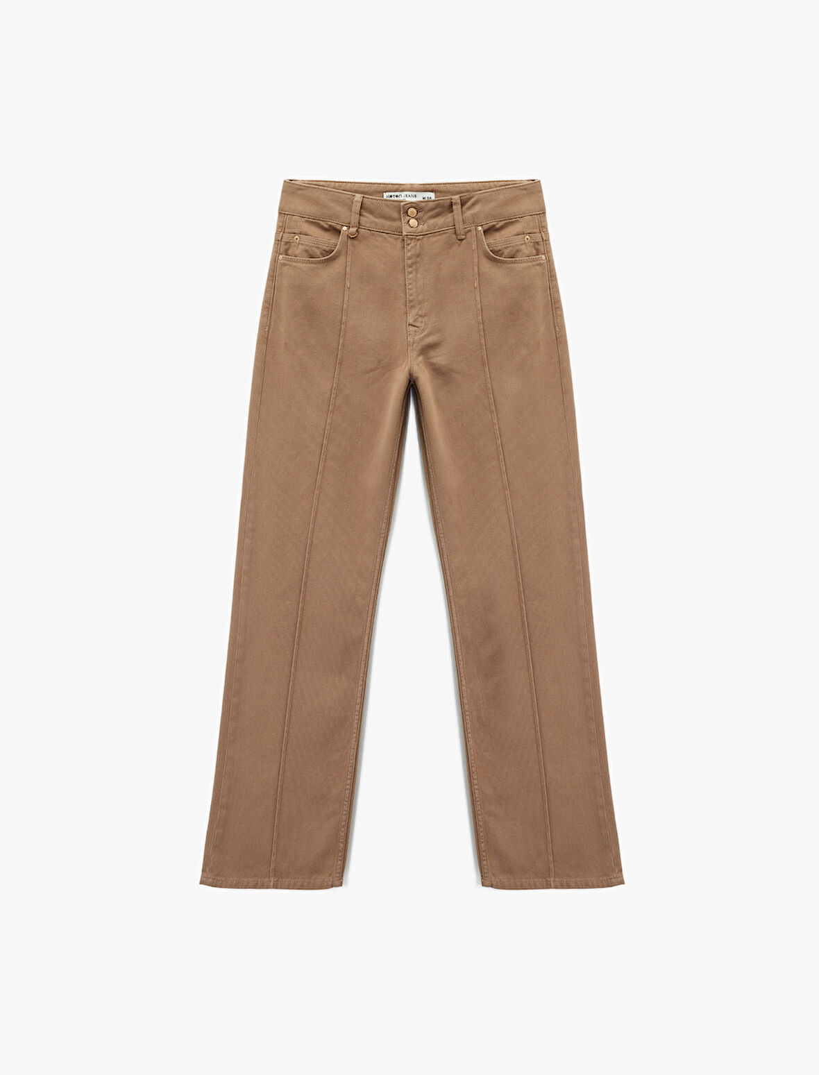 Nervürlü Cepli Düğmeli Yüksek Bel Pamuklu Düz Paça Pantolon - Straight Fit Jean