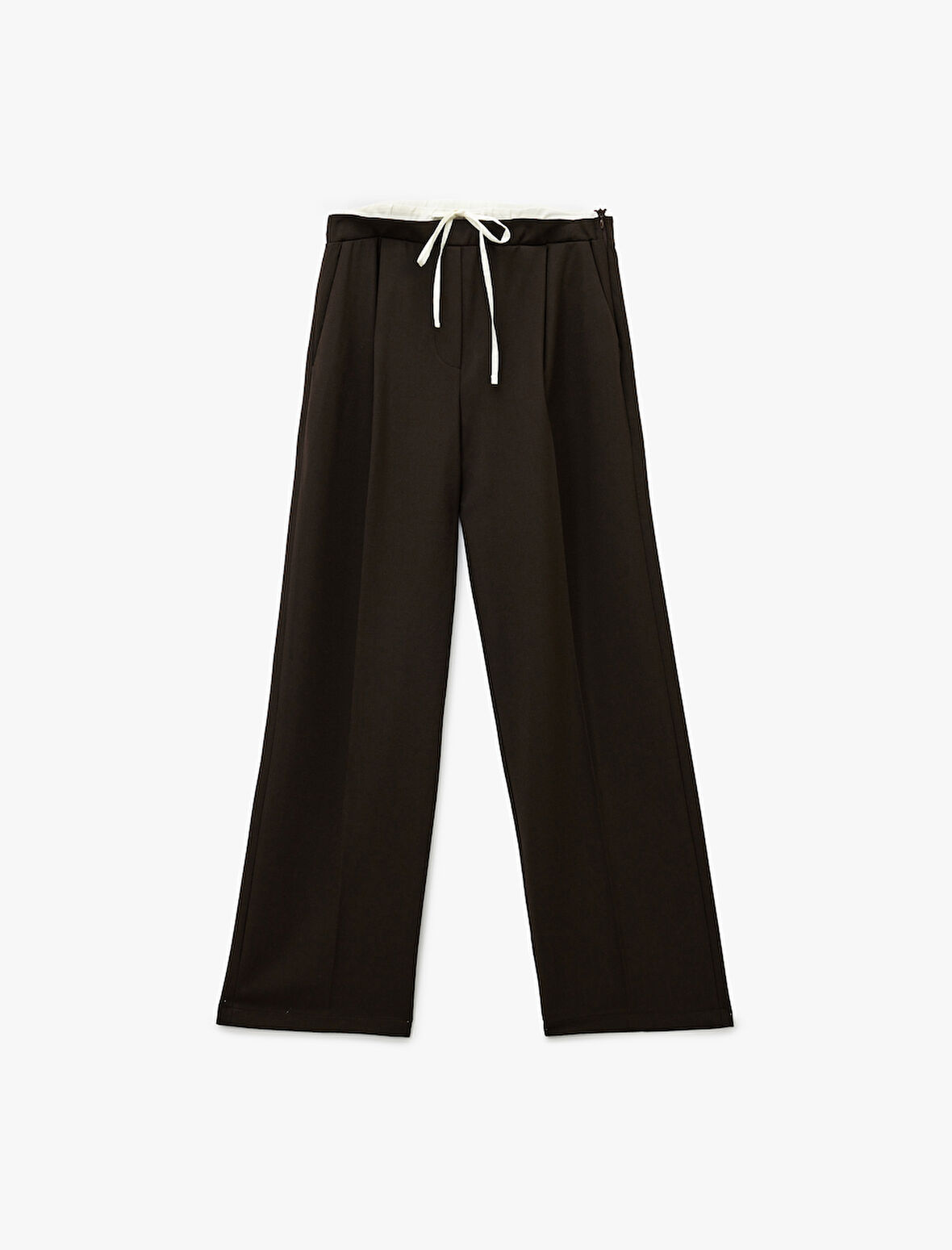 Cepli Pile Detaylı Beli Bağcıklı Geniş Paça Kumaş Pantolon