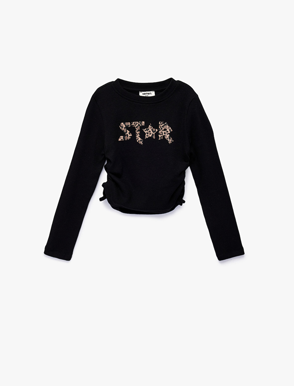 Pamuklu Büzgü Detaylı Uzun Kollu Baskılı Bisiklet Yaka Tişört