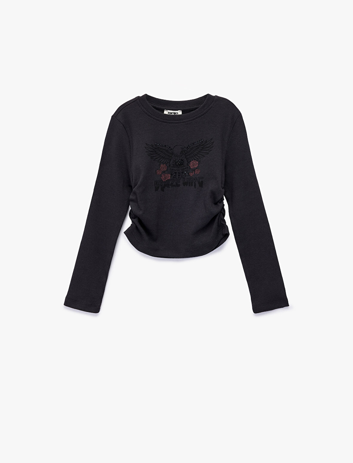 Taş Detaylı Uzun Kollu Bisiklet Yaka Büzgülü Pamuklu Baskılı Tişört