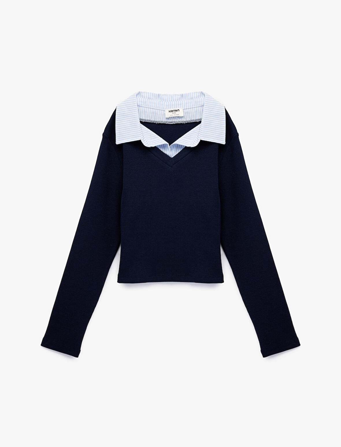 Pamuklu Uzun Kollu V Yaka Gömlek Yaka Detaylı Tişört