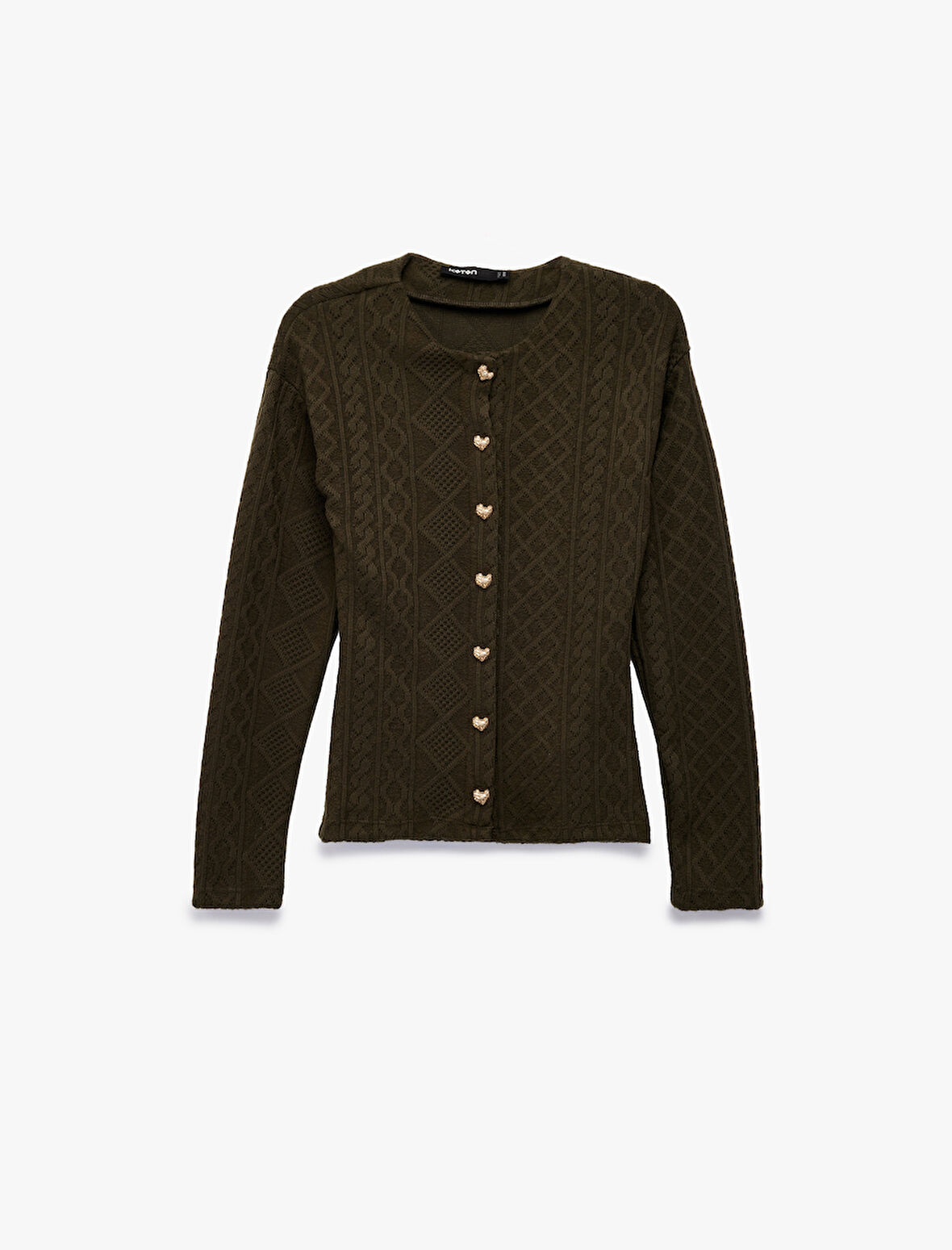 Slim Fit Uzun Kollu Bisiklet Yaka Kalpli Düğme Detaylı Saç Örgü Hırka