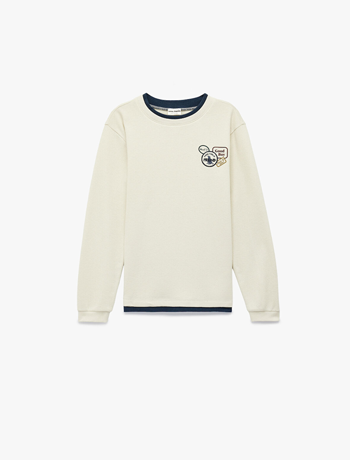 Pamuklu Bisiklet Yaka İşleme Detaylı Uzun Kollu Tişört