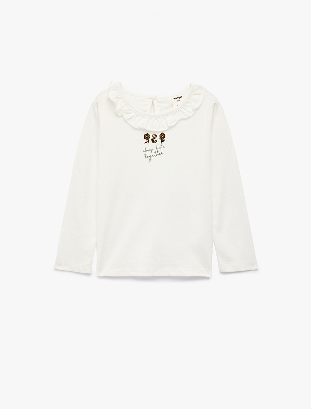 Pamuklu Fırfır Detaylı Çiçek Baskılı Bisiklet Yaka Uzun Kollu Tişört