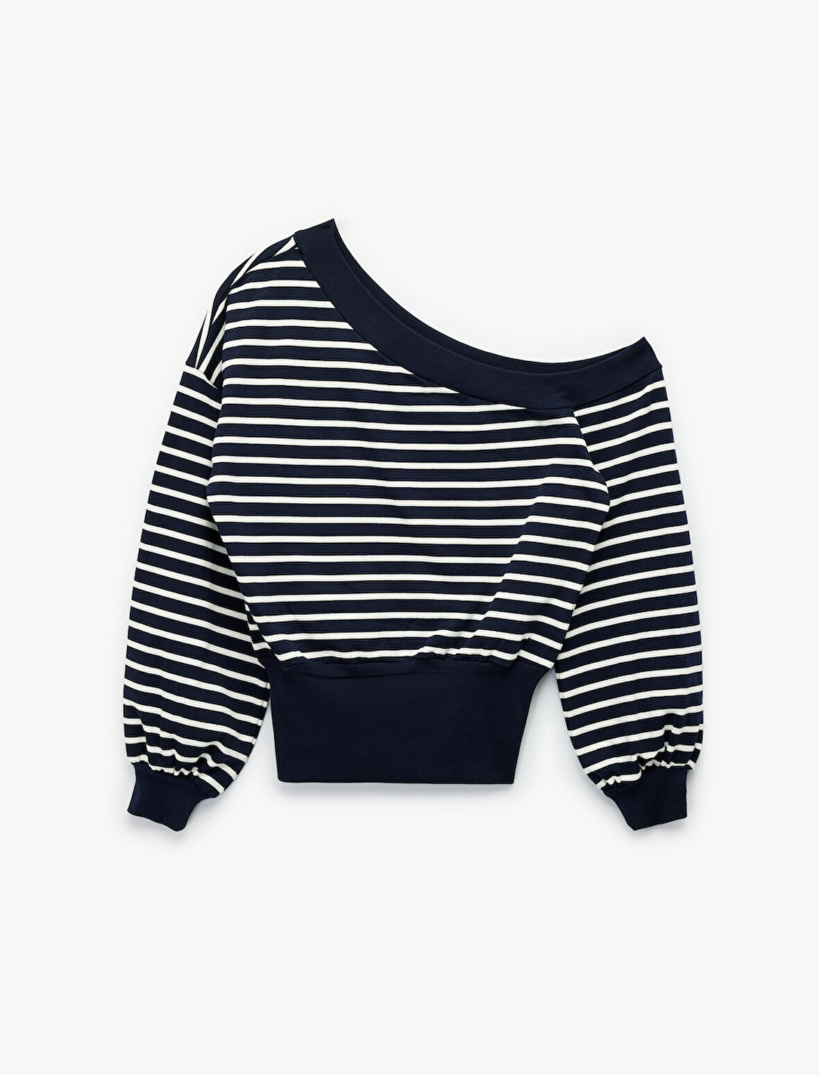 Çizgili Uzun Kollu Kayık Yaka Rahat Kalıp Omzu Açık Crop Sweatshirt
