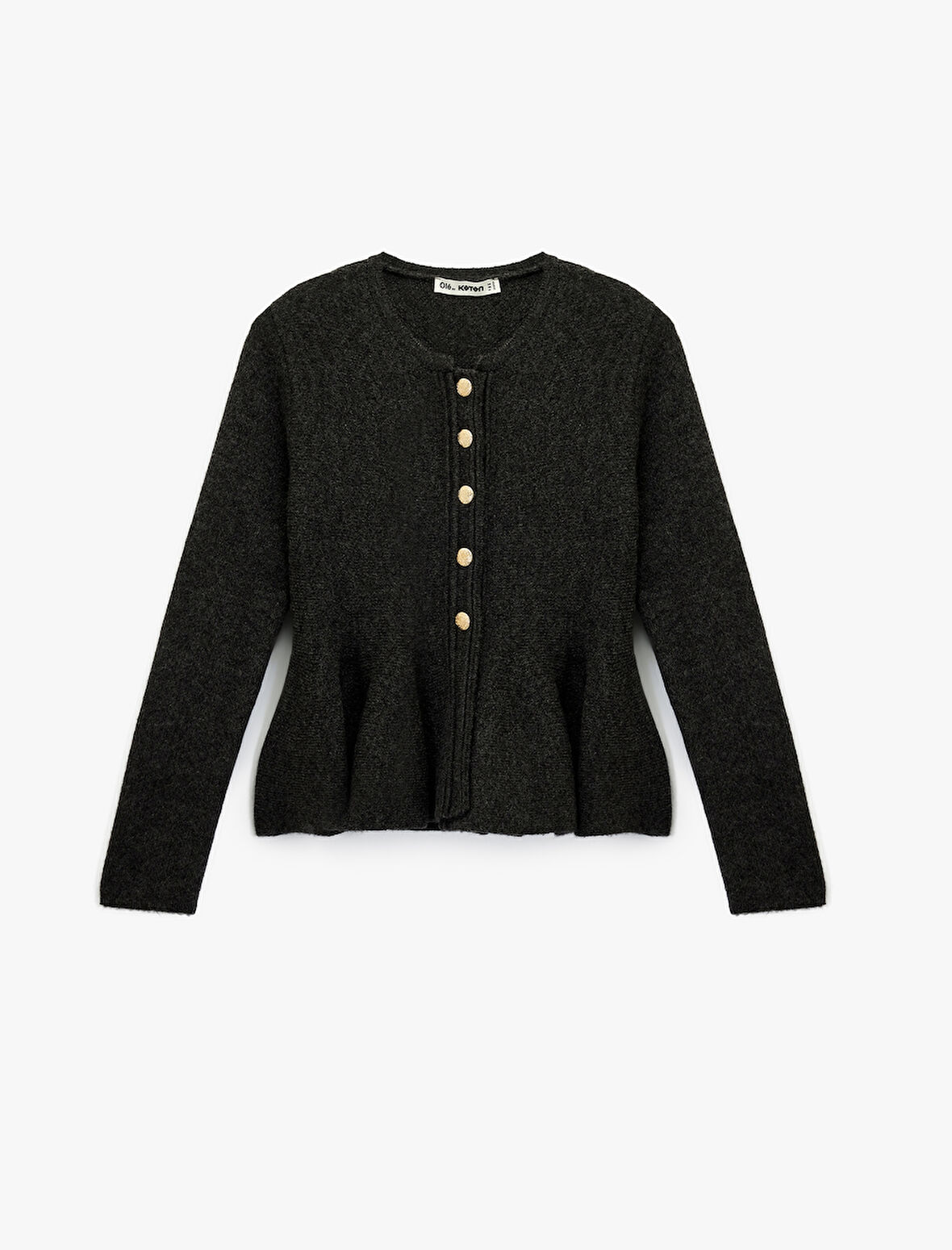 Uzun Kollu Bisiklet Yaka Düğme Detaylı Triko Peplum Hırka