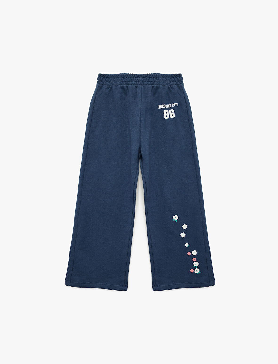 Şardonlu Çiçek Baskılı Pamuklu Geniş Paça Eşofman Altı