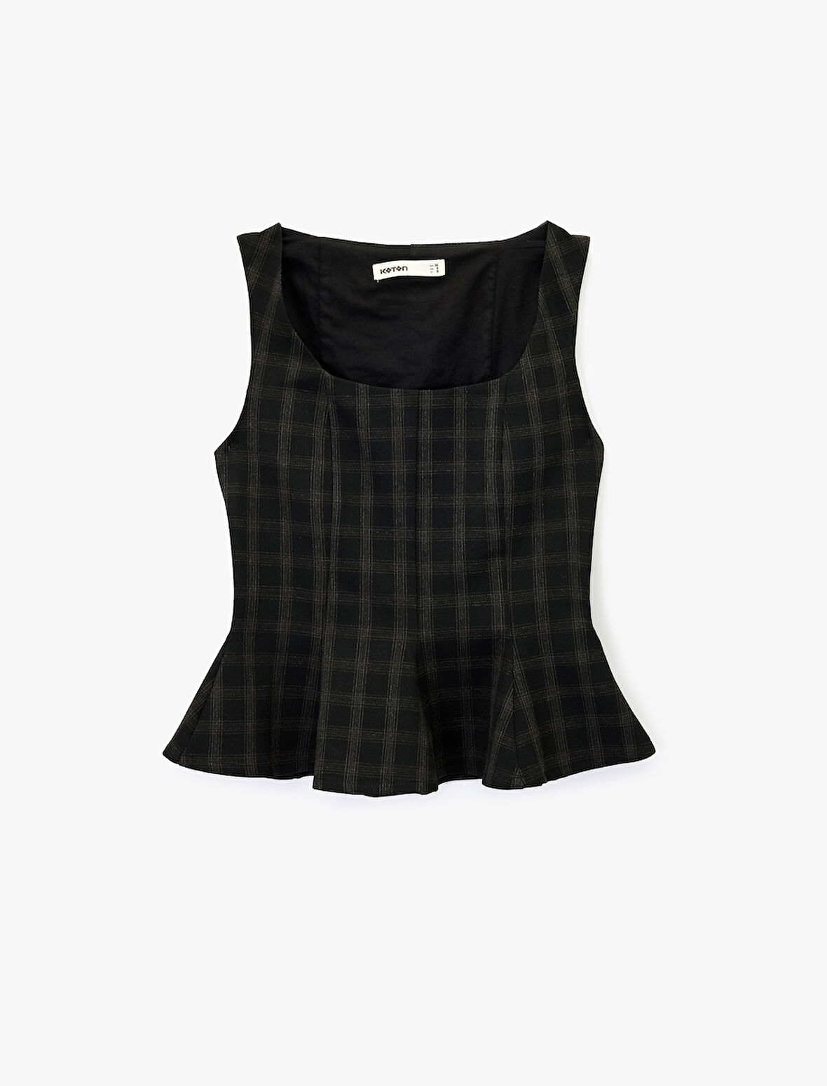 Kare Yaka Kolsuz Ekose Peplum Bluz