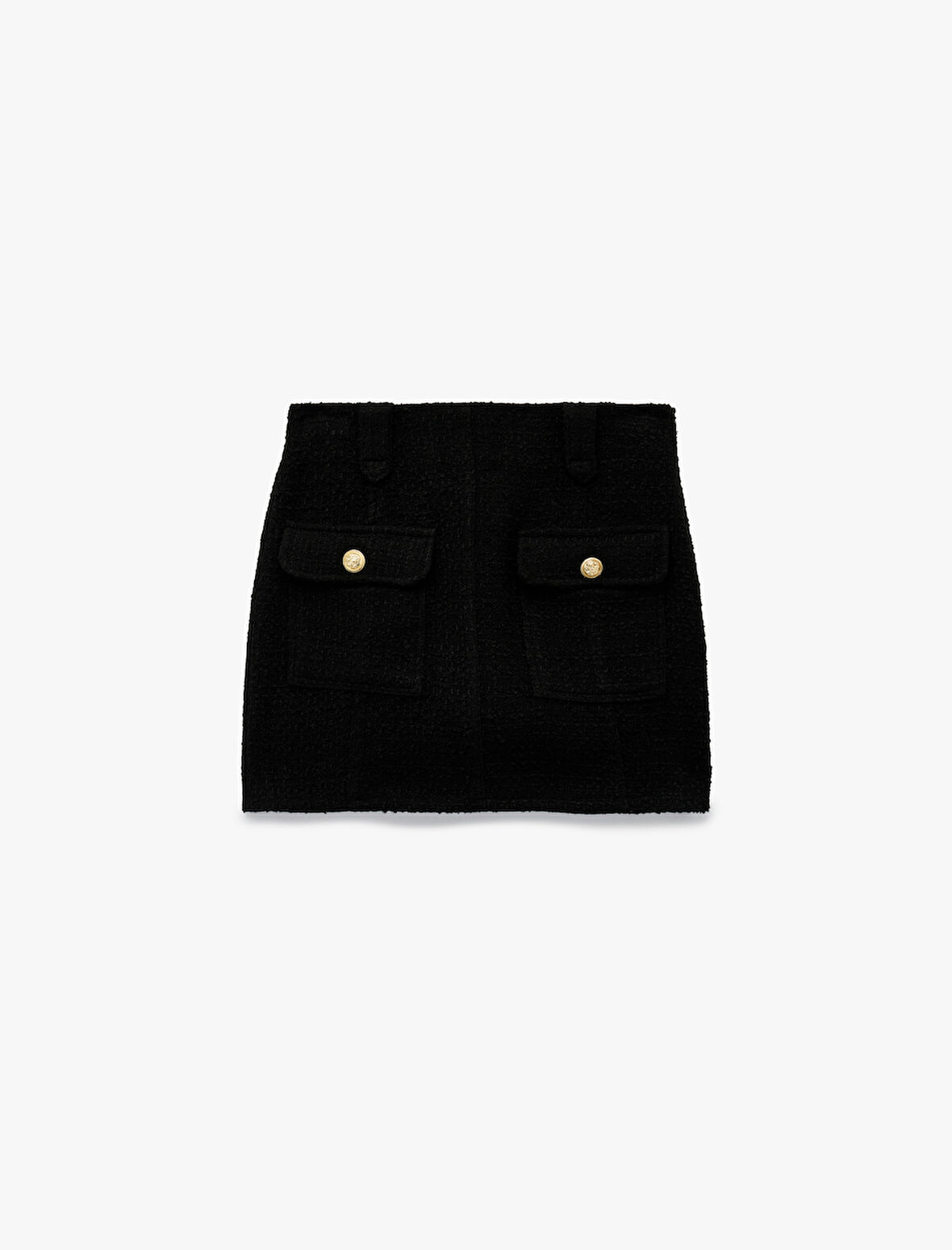 Metal Aksesuarlı Düğmeli Cepli Mini A Kesim Tüvit Etek