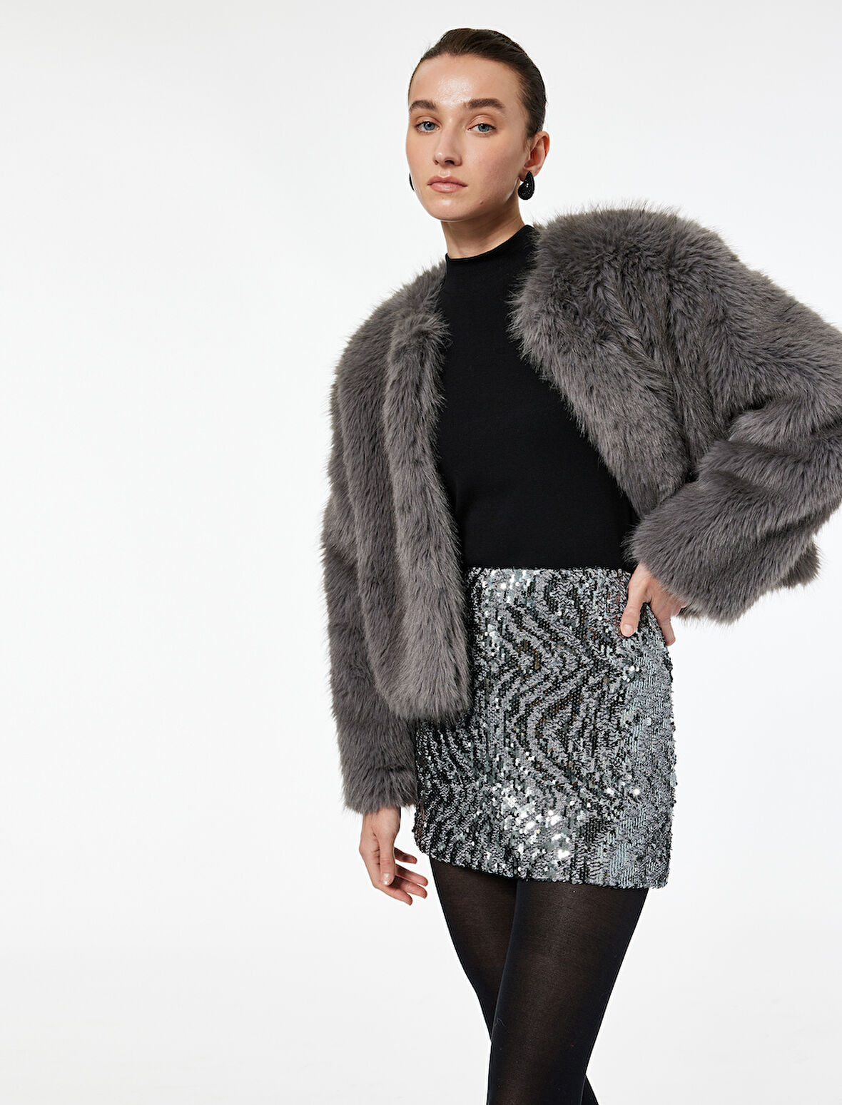 Normal Bel Pullu Payetli Mini Etek