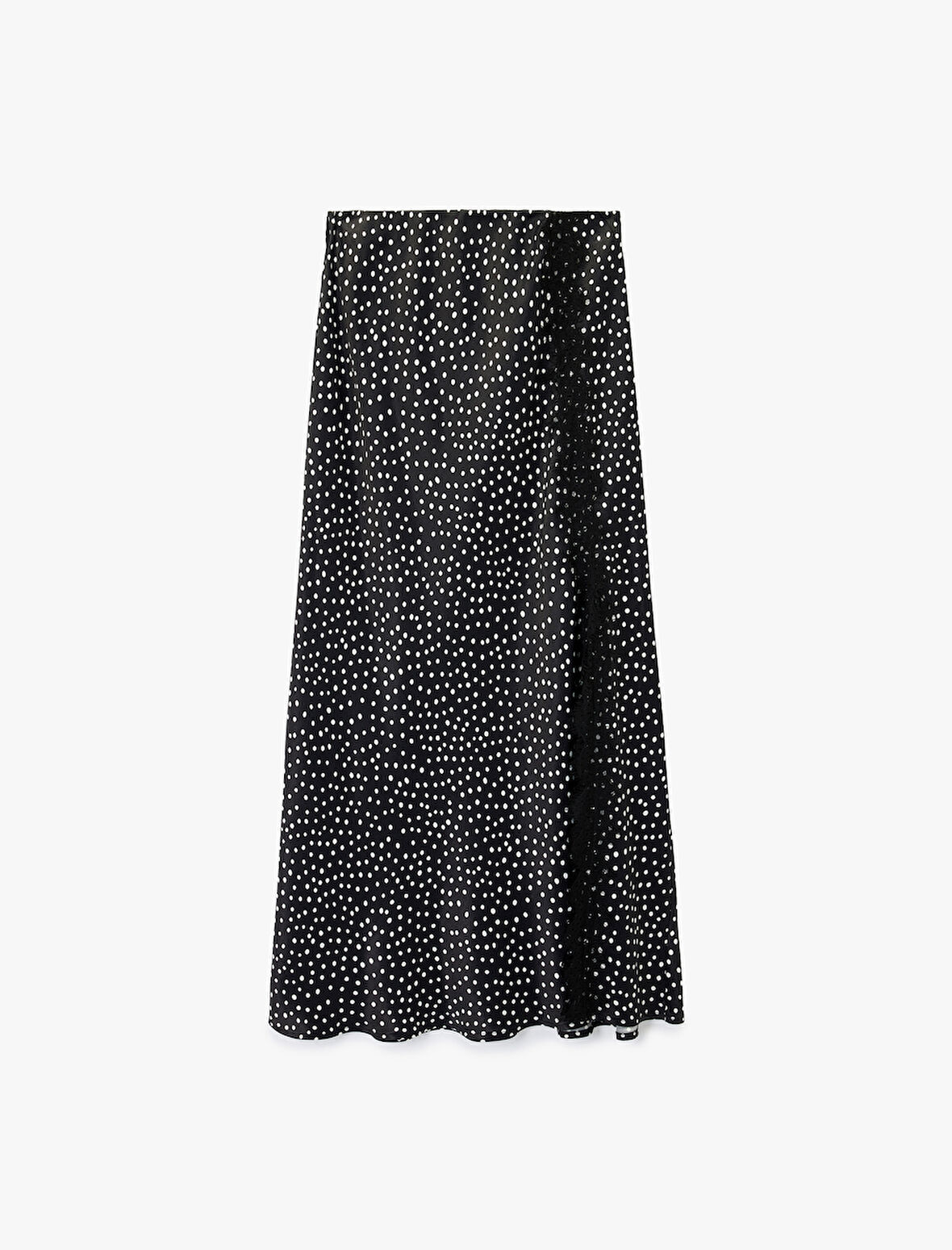 Viskon Puantiyeli Dantel Detaylı Midi Saten Çan Etek