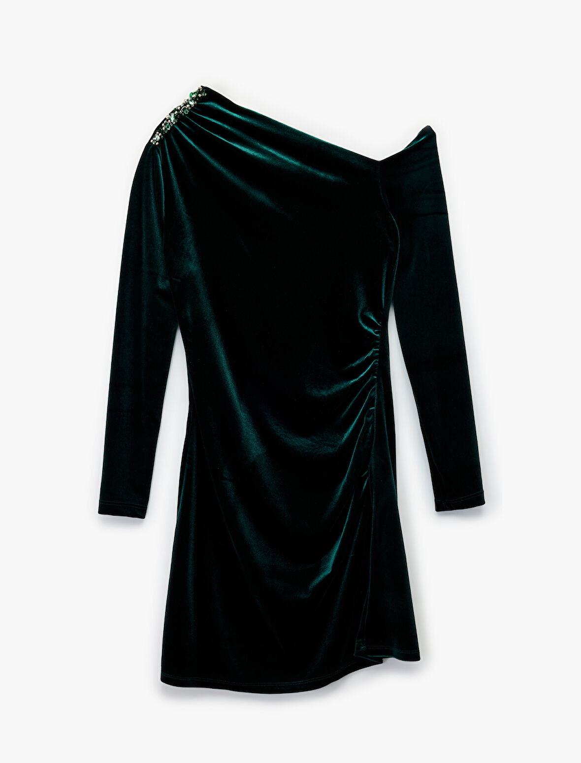  Slim Fit Uzun Kollu Asimetrik Yaka Taşlı Mini Kadife Elbise