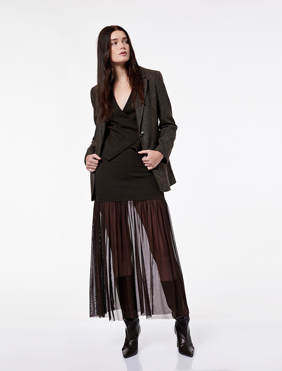 Koton X Şahika Ercümen - Slim Fit Tül Detaylı Midi Etek