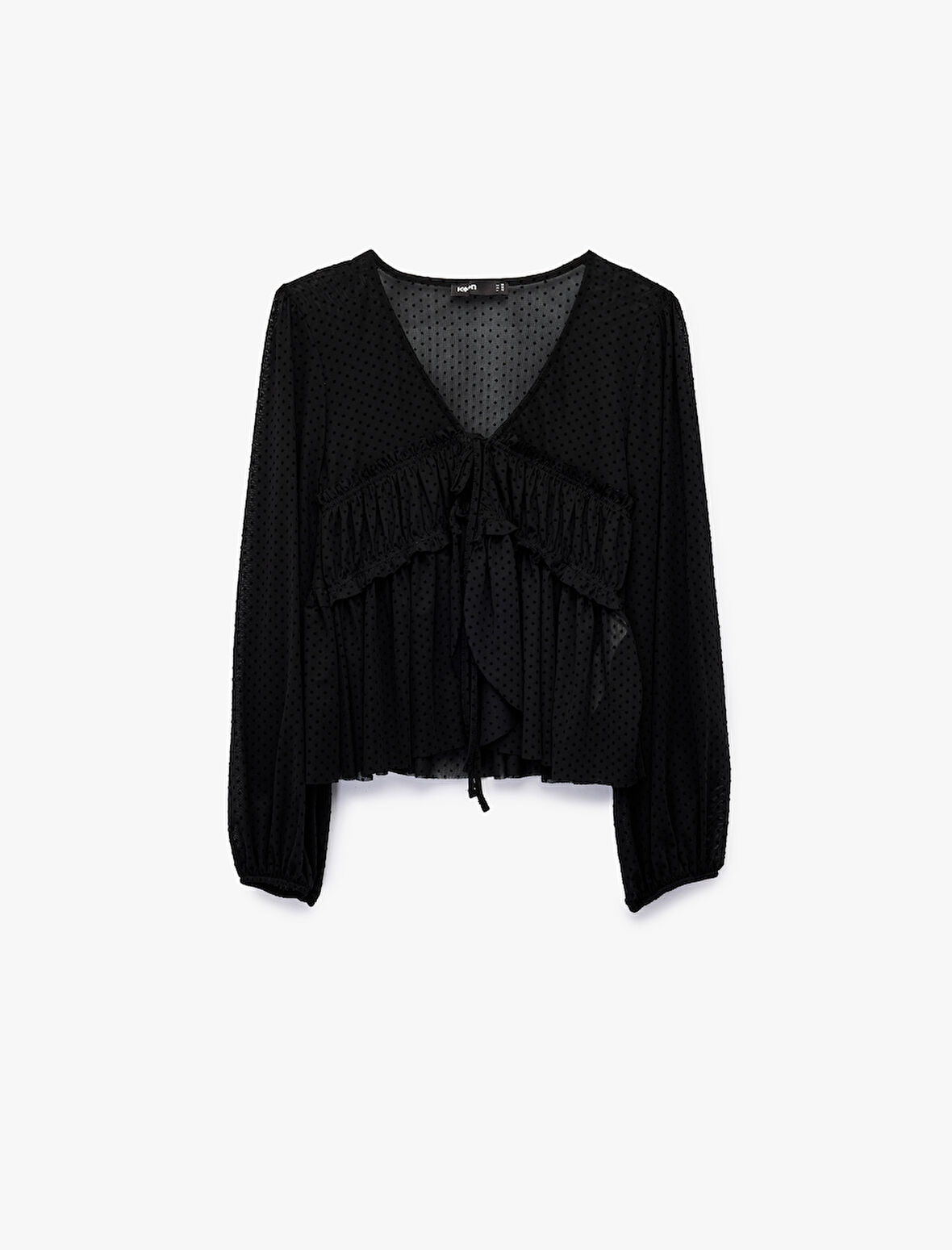 Uzun Kollu Önden Bağlama Detaylı Fırfırlı Puantiyeli Tül Bluz