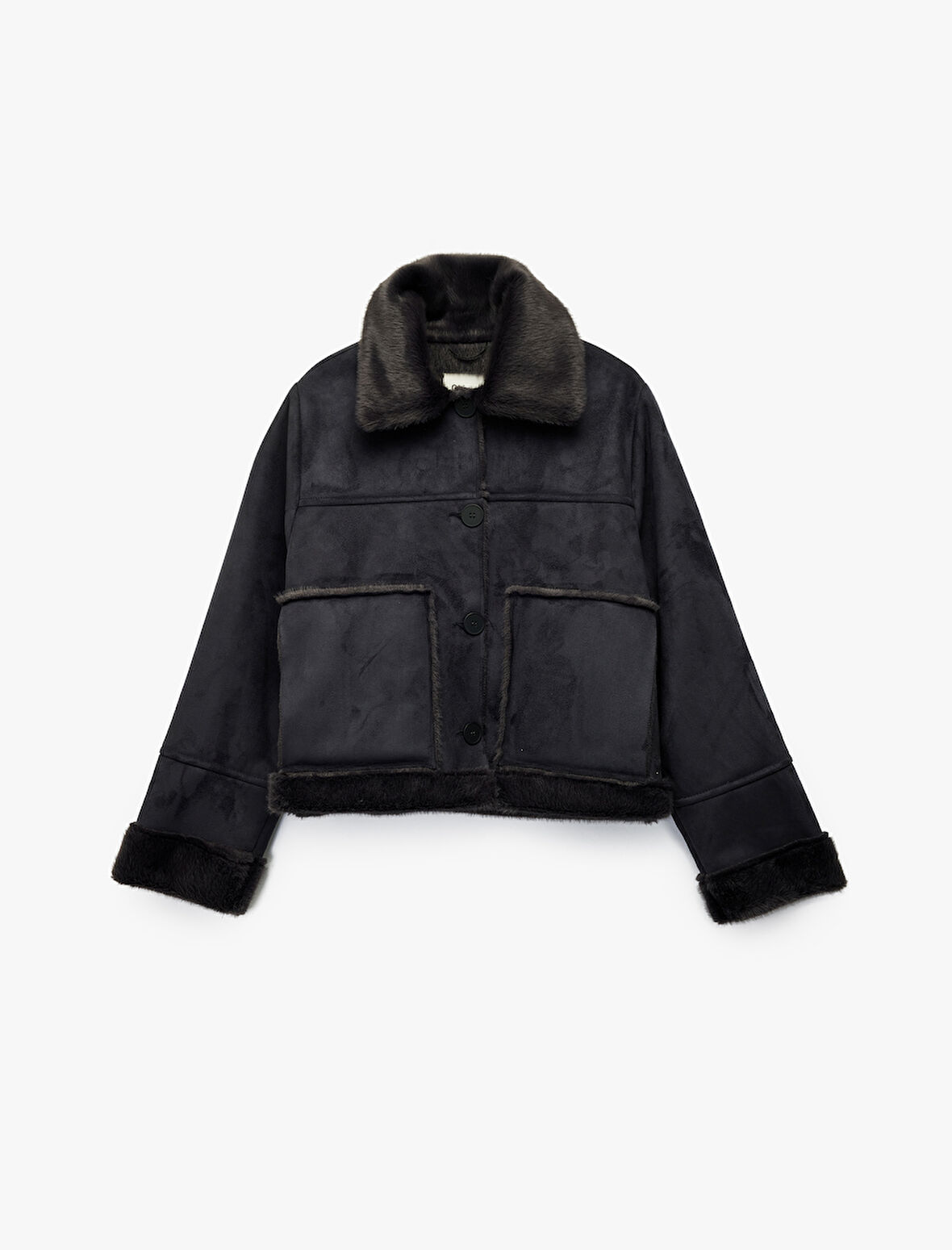 Cep Detaylı Süet Görünümlü Düğmeli Klasik Yaka İçi Suni Kürklü Ceket