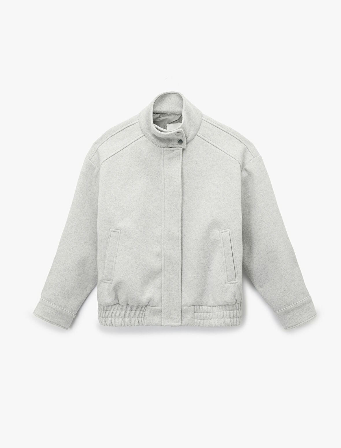 Uzun Kollu Cepli Fermuarlı Dik Yaka Kaşe Bomber Ceket