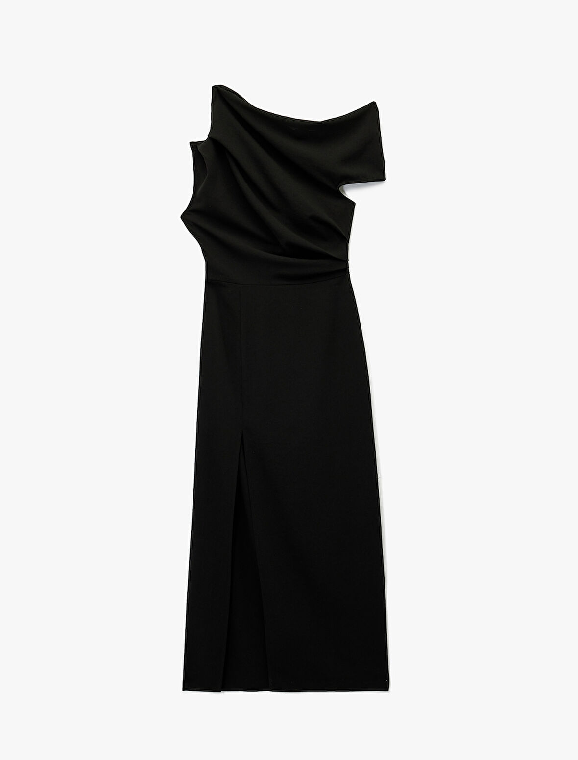 Tek Omuz Kolsuz Yırtmaç Detaylı Drapeli Midi Elbise