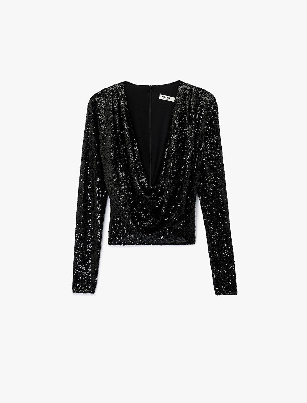 Uzun Kollu Degaje Yaka Pullu Payetli Crop Bluz