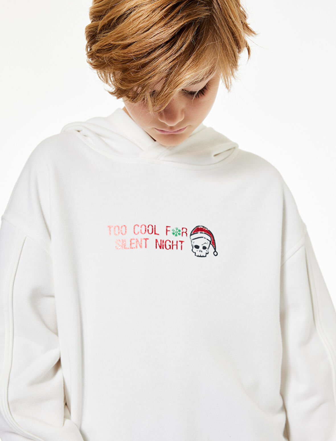 Pamuklu Uzun Kollu Yılbaşı Temalı Baskılı Kapşonlu Sweatshirt