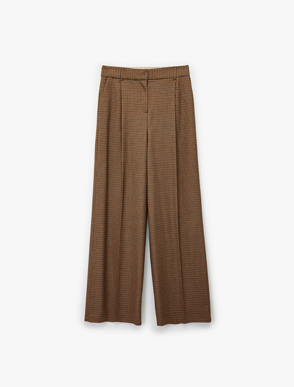 Yüksek Bel Geniş Paça Viskon Karışımlı Ekoseli Pantolon