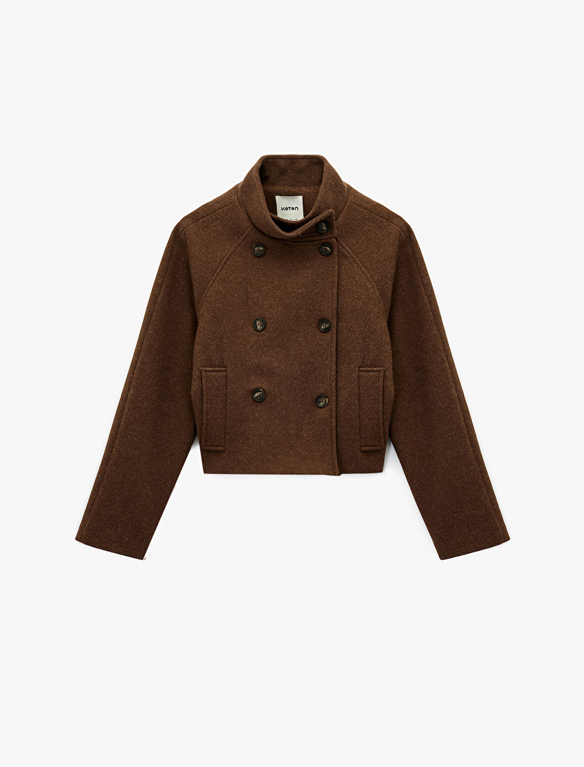 Uzun Kollu Cepli Dik Yaka Düğmeli Kruvaze Kısa Kaşe Mont