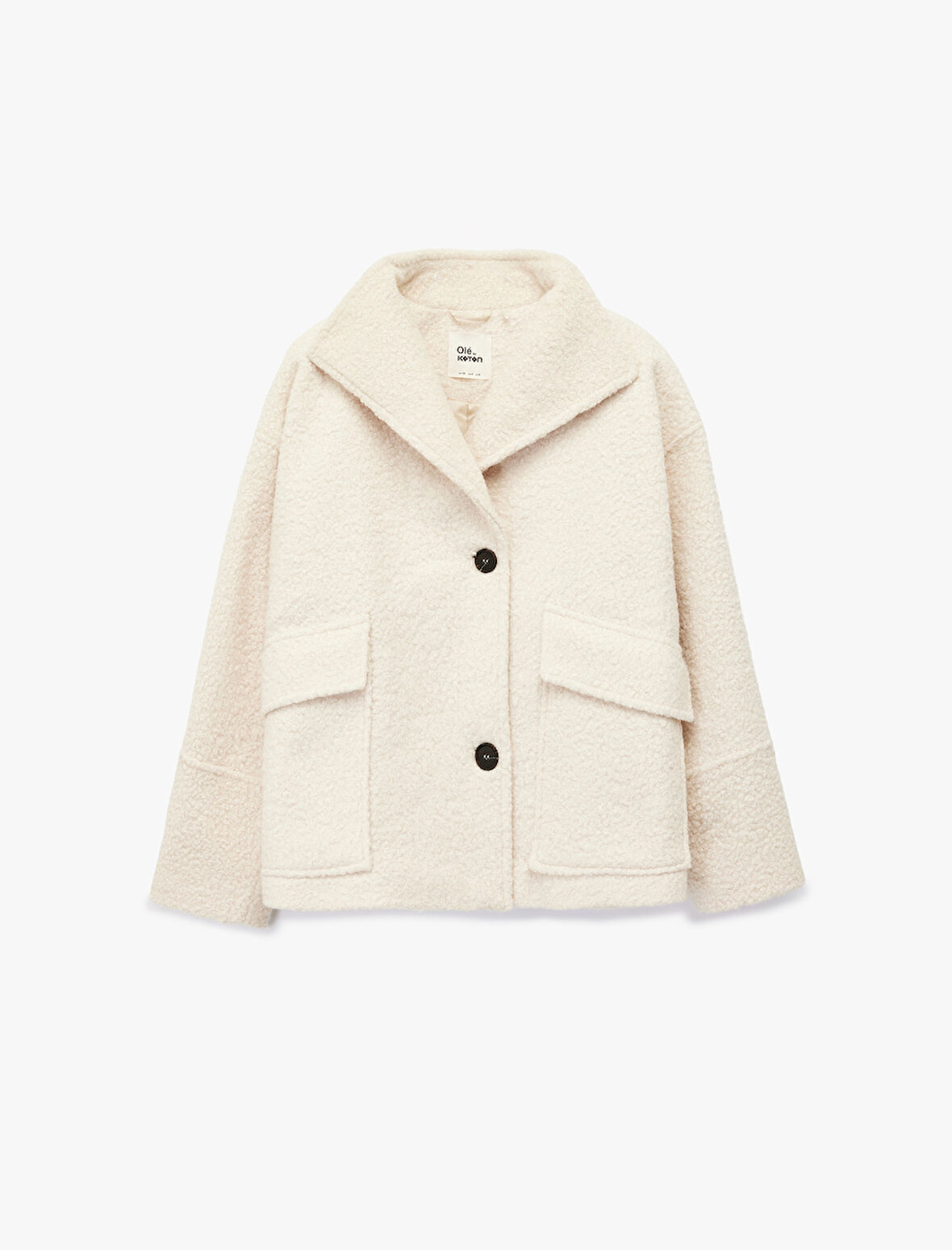 Uzun Kollu Kruvaze Yaka Düğmeli Cepli Buklet Kaban