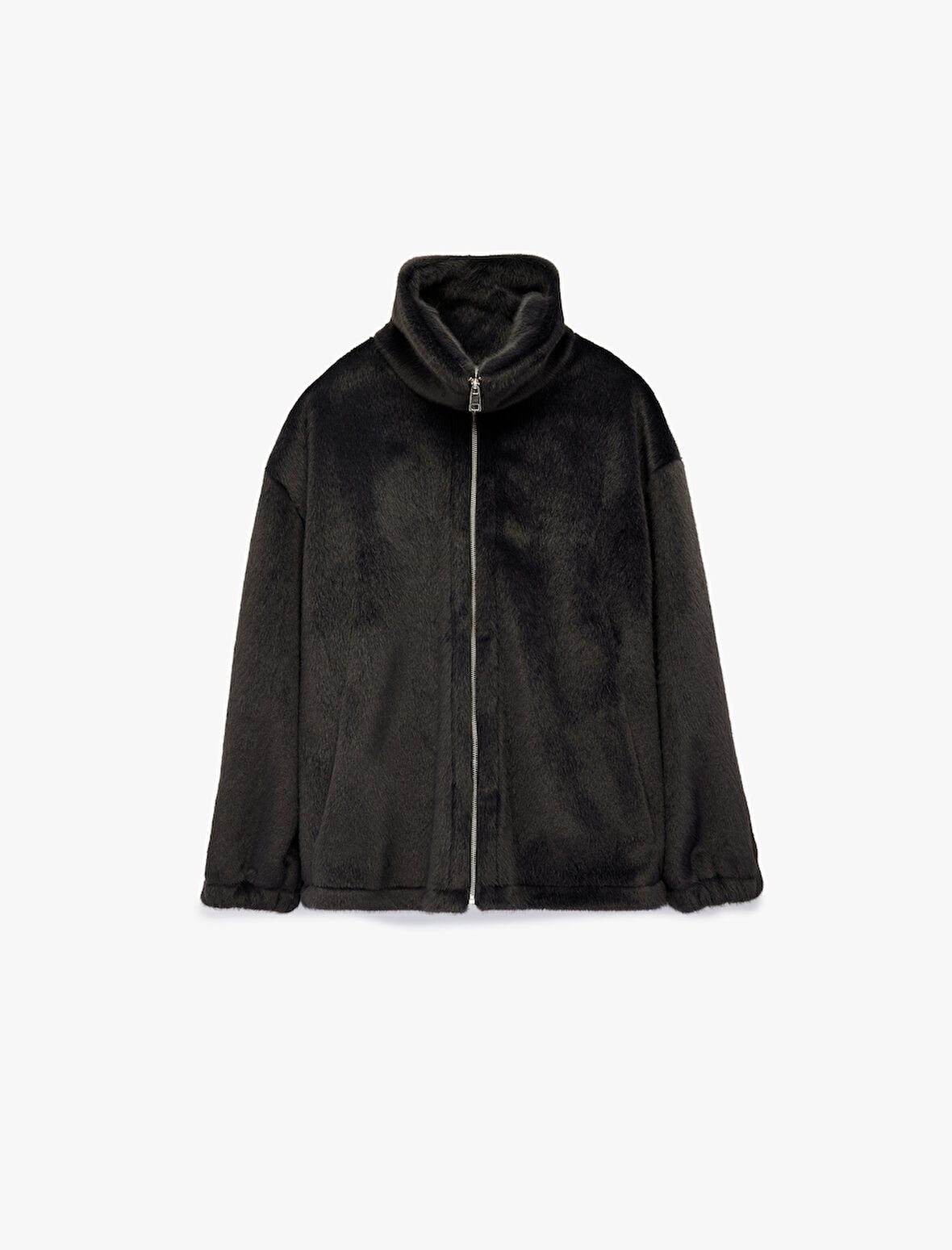 Fermuarlı Dik Yaka Uzun Kollu Suni Kürk Oversize Ceket