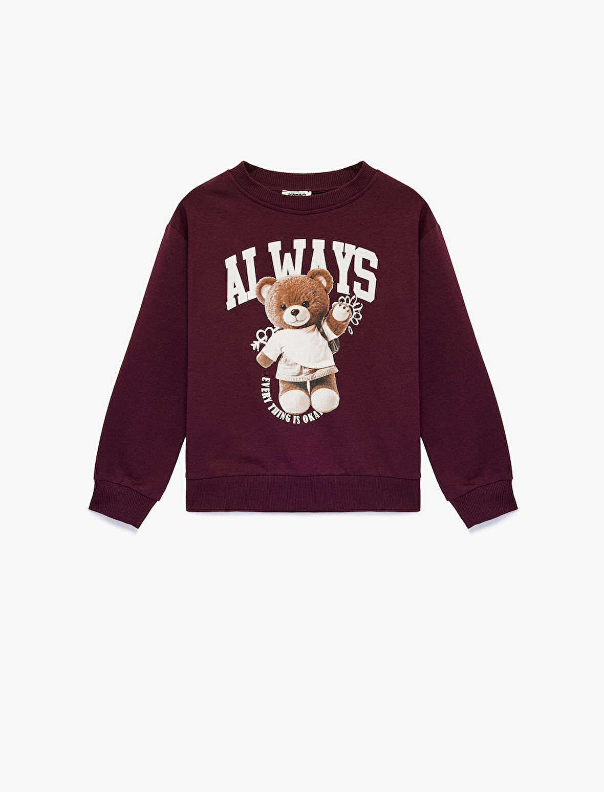 Pamuklu Uzun Kollu Bisiklet Yaka Ayıcık Baskılı Şardonlu Sweatshirt