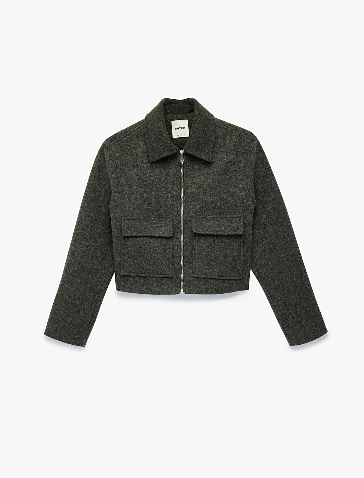 Uzun Kollu Fermuarlı Cepli Crop Kaşe Ceket